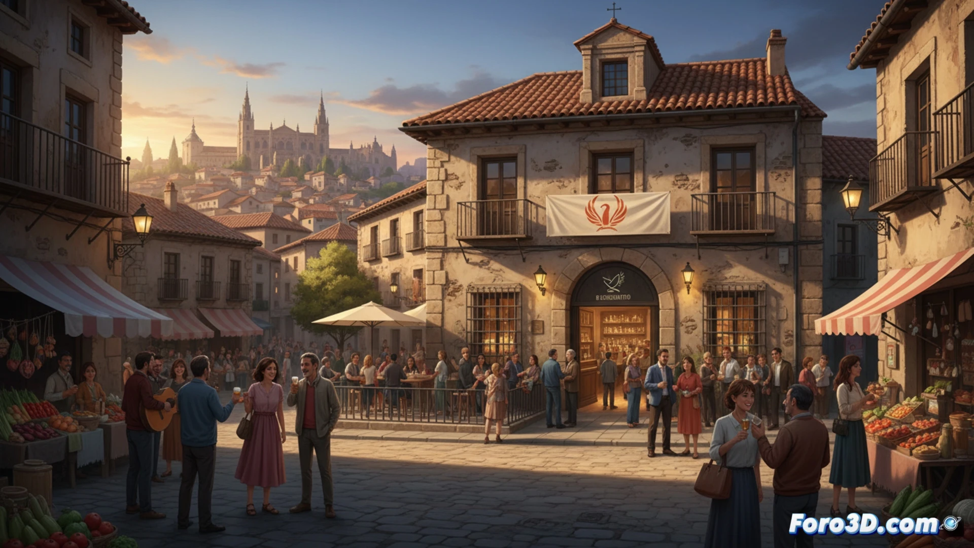 Un bar histórico reabierto, lleno de vecinos charlando, simbolizando la revitalización del barrio de Palomarejos en Toledo.