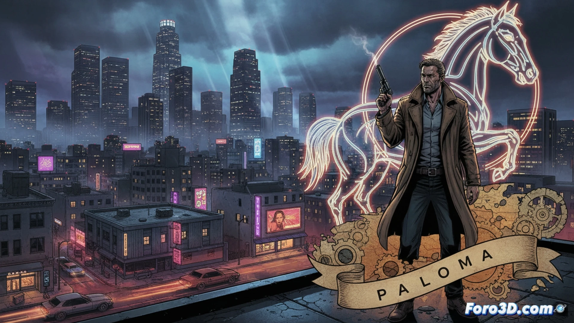 Un guardaespaldas de lujo, con traje y mirada cansada, observa desde su coche el letrero de neón de un bar en la noche lluviosa de Los Ángeles.