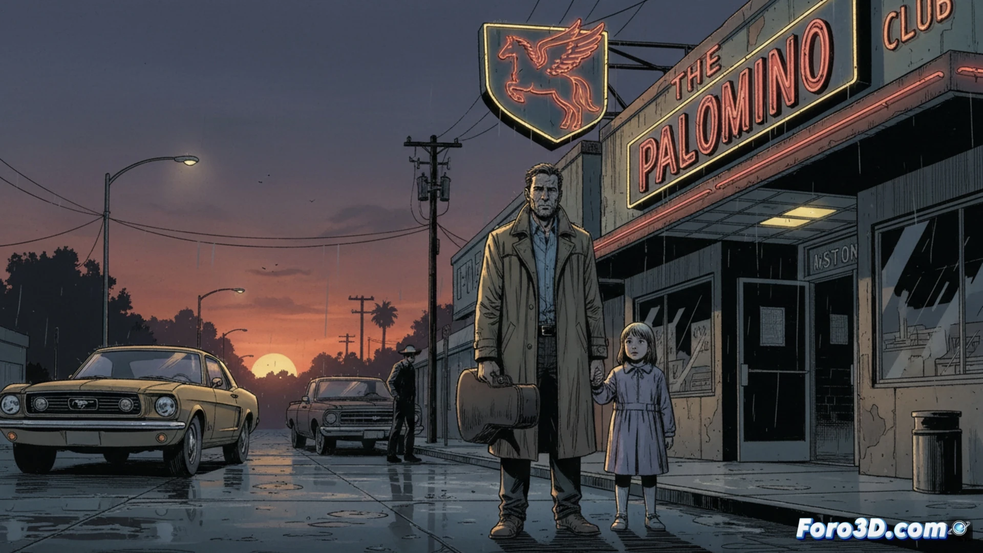 Un ex detective guitarrista en un club oscuro de Los Ángeles, rodeado de humo y luces de neón, con su hija al fondo.