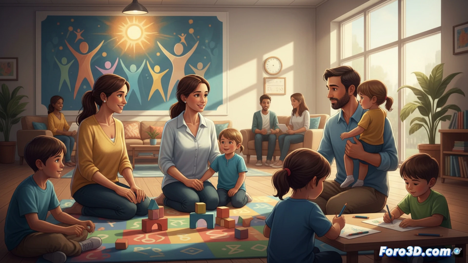 Descripción de imagen: Grupo diverso de padres sentados en círculo en una sala luminosa, compartiendo experiencias con un facilitador. Un cartel en la pared dice 'Creciendo Contigo. Parentalidad Positiva'.