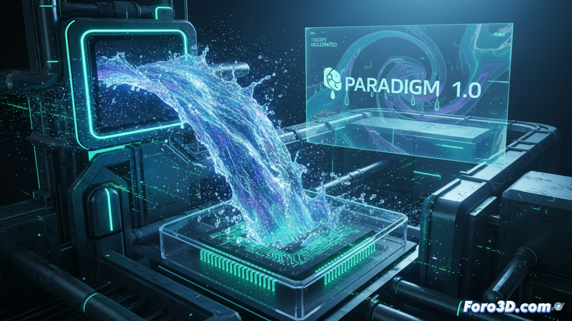 Un artista 3D ajusta parámetros en Houdini mientras una simulación de líquido azul fluye en tiempo real sobre un cubo, con la interfaz de Paradigm 1.0 visible en pantalla.