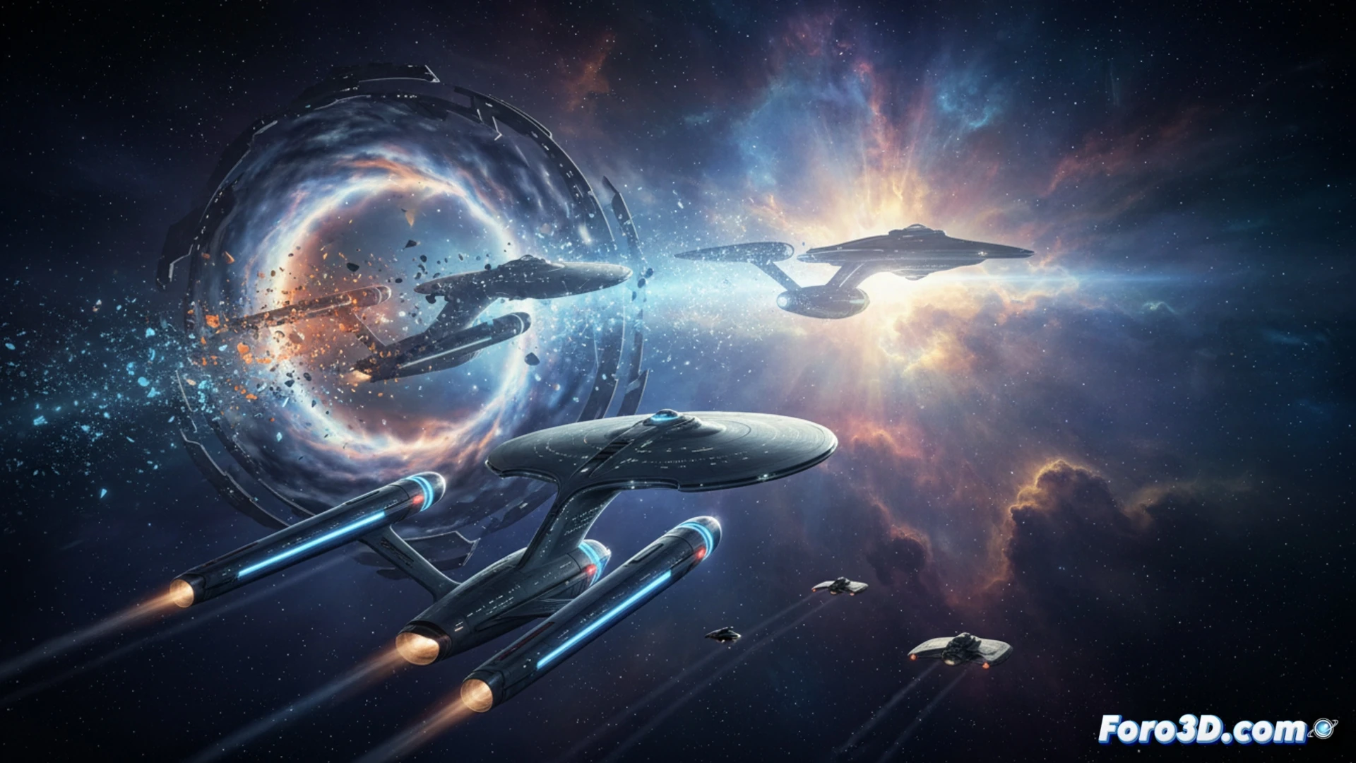 Un cartel de Star Trek con grietas, mostrando a Kirk y Spock de la etapa Kelvin desvaneciéndose hacia un nuevo horizonte estelar.