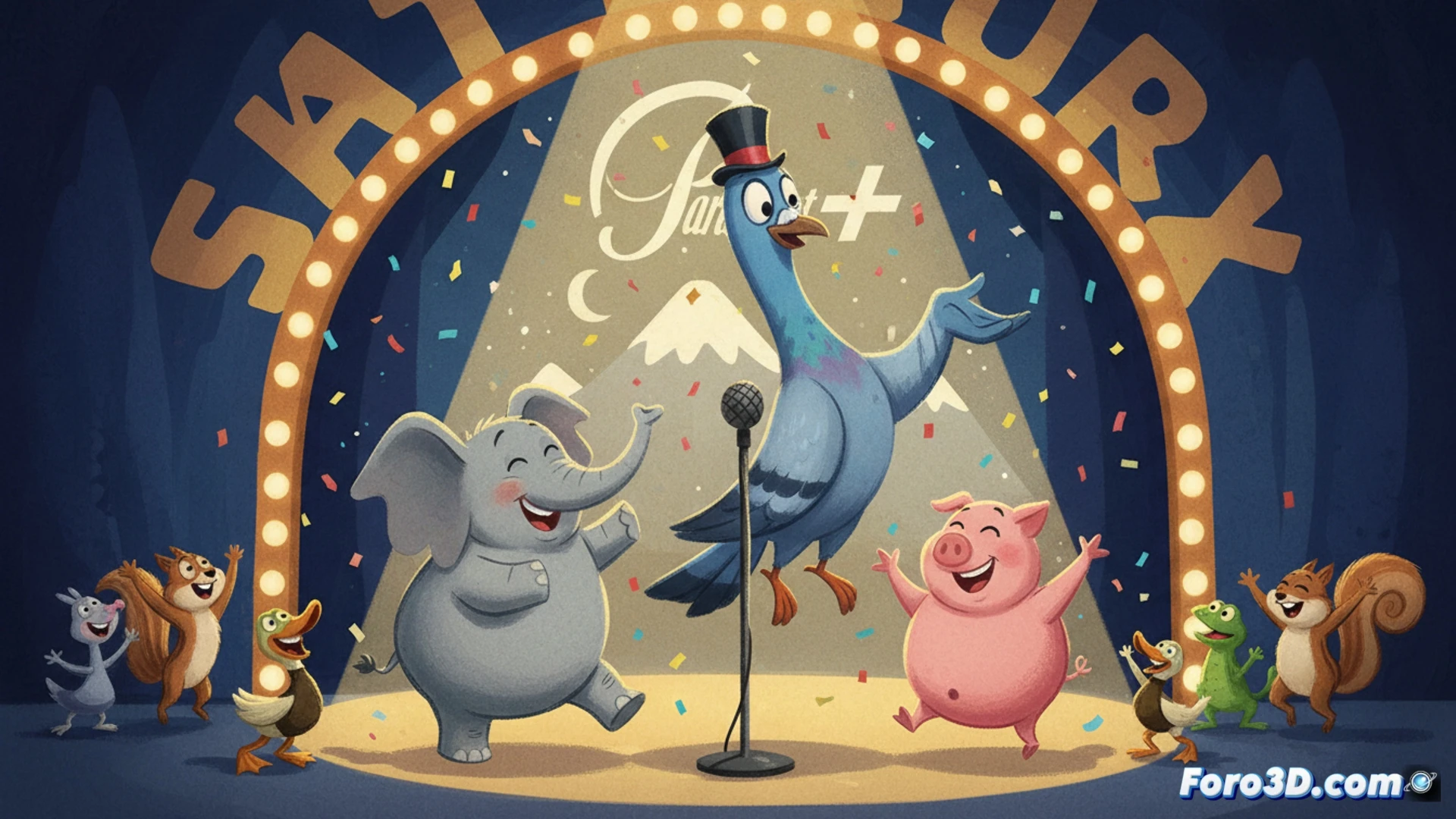 Una paloma azul parlotea en un micrófono junto a un cerdo y un elefante sobre un fondo colorido y simple, estilo Mo Willems.