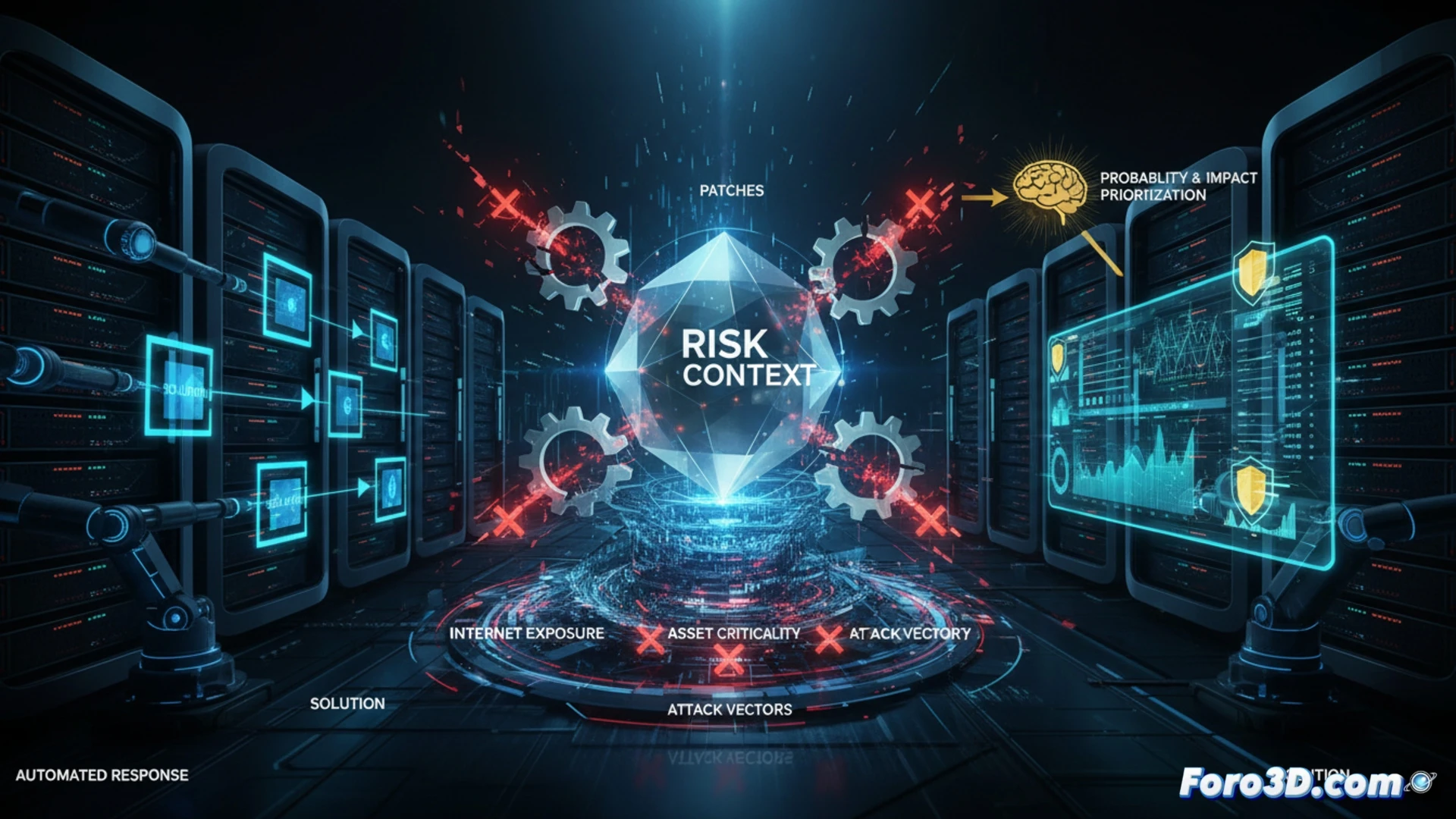 Un técnico con los ojos vendados aplica parches a un servidor en llamas, ignorando un mapa de red con rutas críticas marcadas.