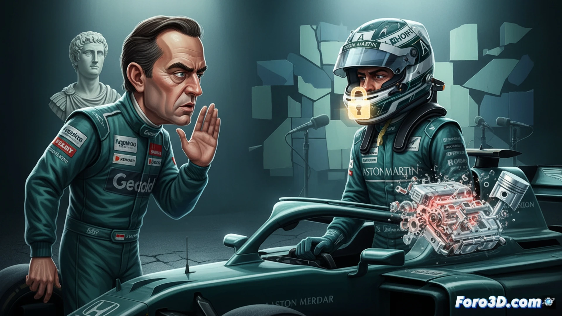 Alonso, con gesto serio, habla a periodistas mientras ingenieros de Honda trabajan tensos en boxes de Aston Martin.