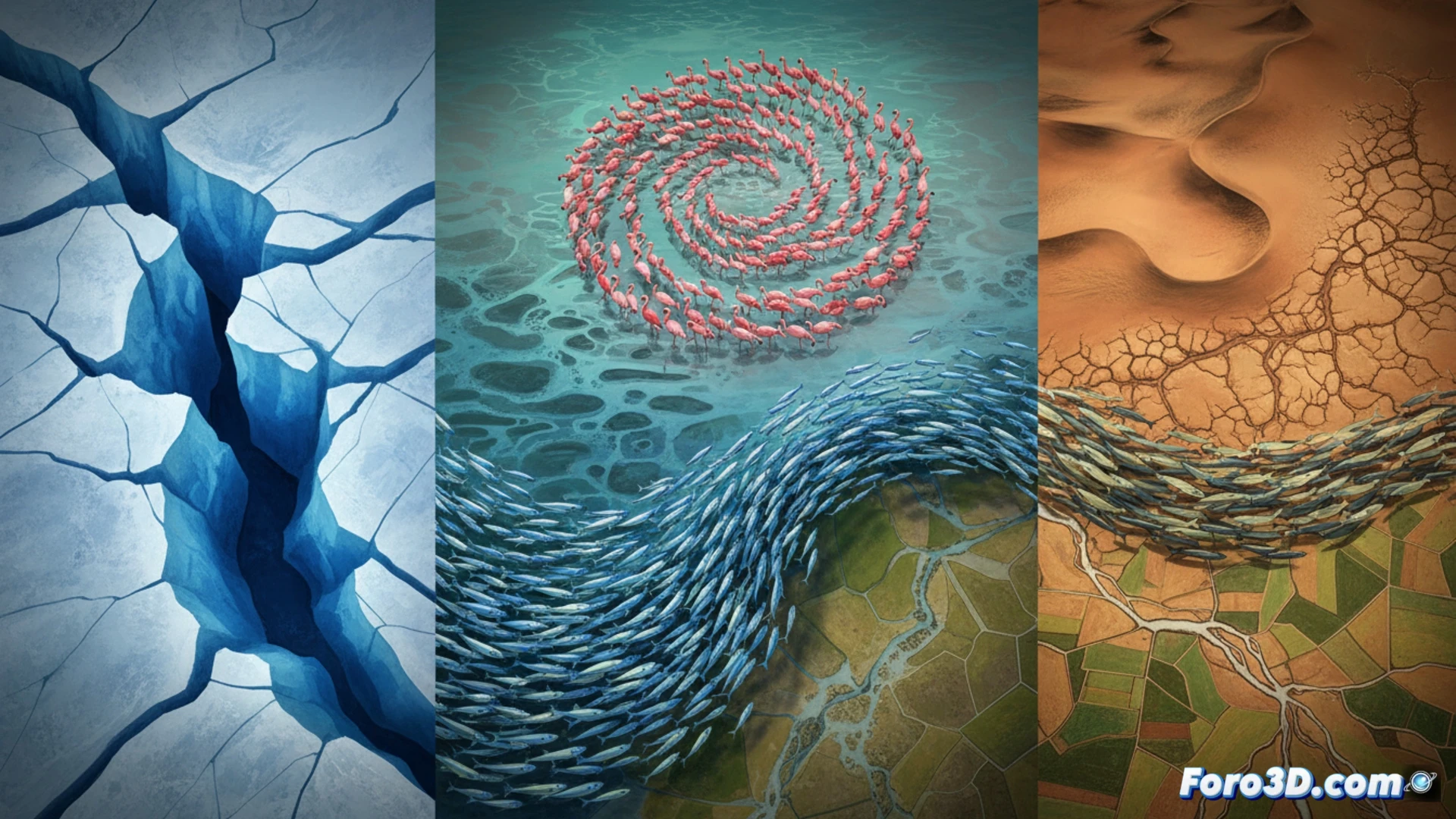 Una bandada de aves formando patrones geométricos fluidos y dinámicos sobre un cielo crepuscular.