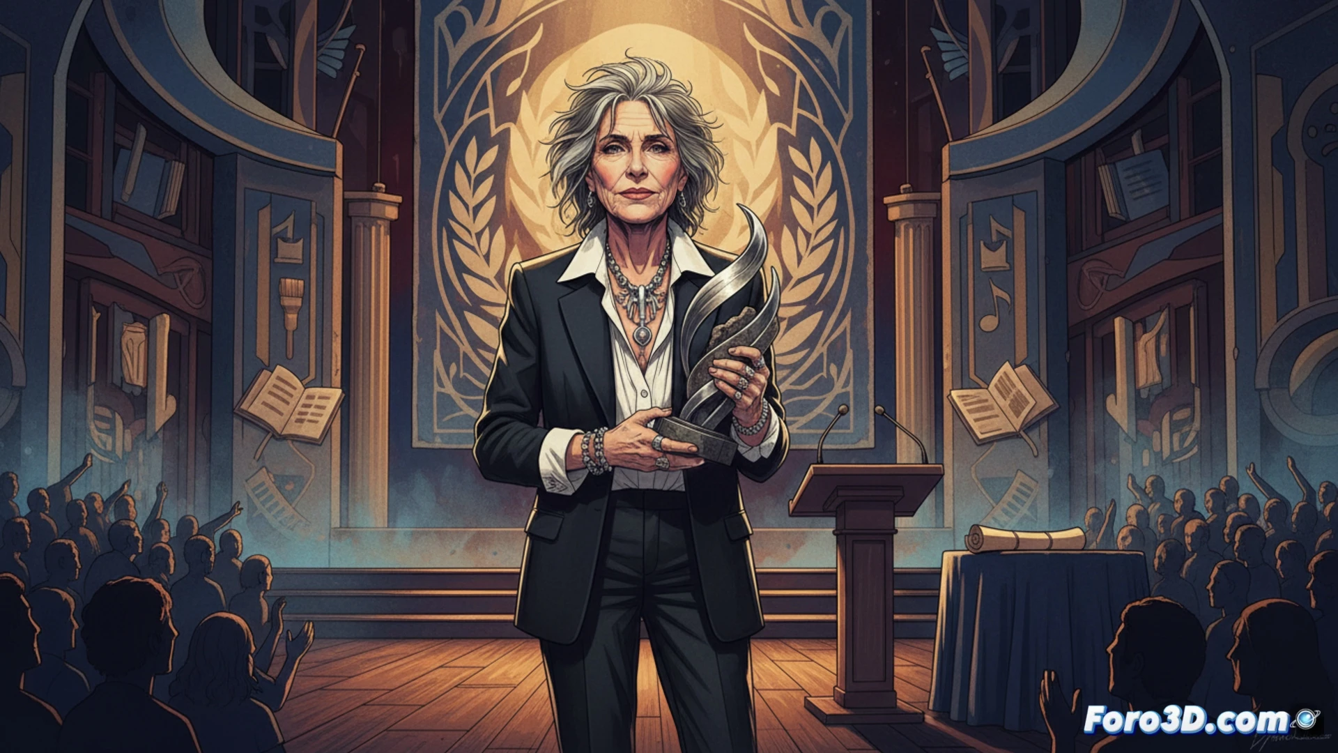 Patti Smith, con su característica melena cana y chaqueta oscura, sostiene el Premio Princesa de Asturias de las Artes 2026, sonriendo ante un atril con micrófonos.