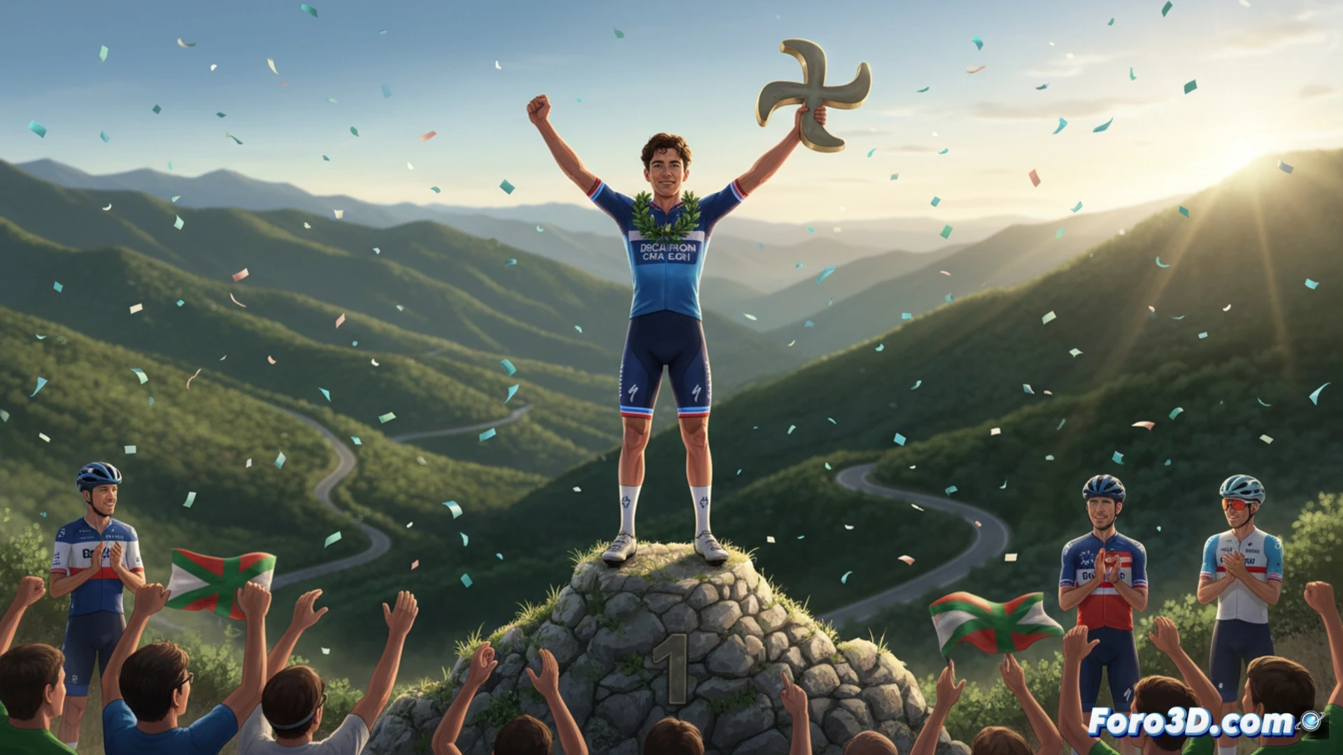 Un joven ciclista francés levanta los brazos victorioso, con el maillot de líder, en un podio vasco entre una multitud.