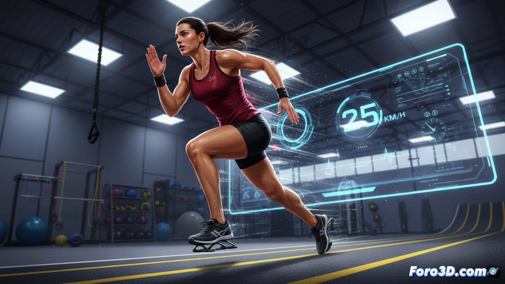 Paula Badosa corre a 25 km/h en cinta, con gesto de esfuerzo y sudor, en un gimnasio moderno. Su velocidad viral asombra a seguidores.