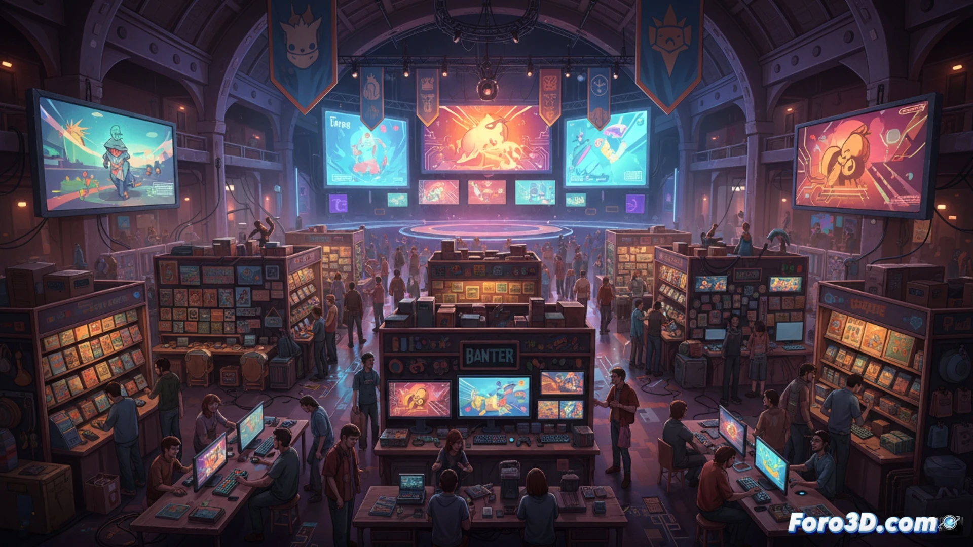 Una sala de convenciones vibrante, llena de puestos indie con desarrolladores mostrando juegos físicos a jugadores entusiastas.