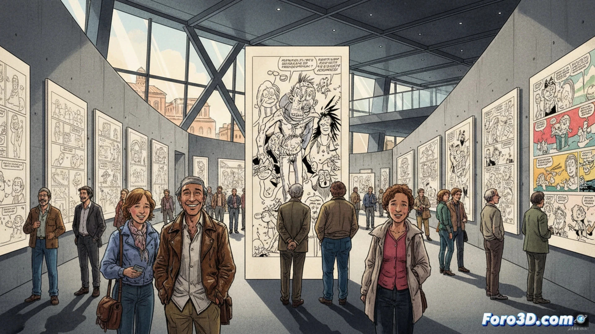 Andrea Pazienza sentado en un estudio, rodeado de viñetas y bocetos, con su característico trazo negro y mirada crítica, frente al logo del Museo Maxxi en Roma.