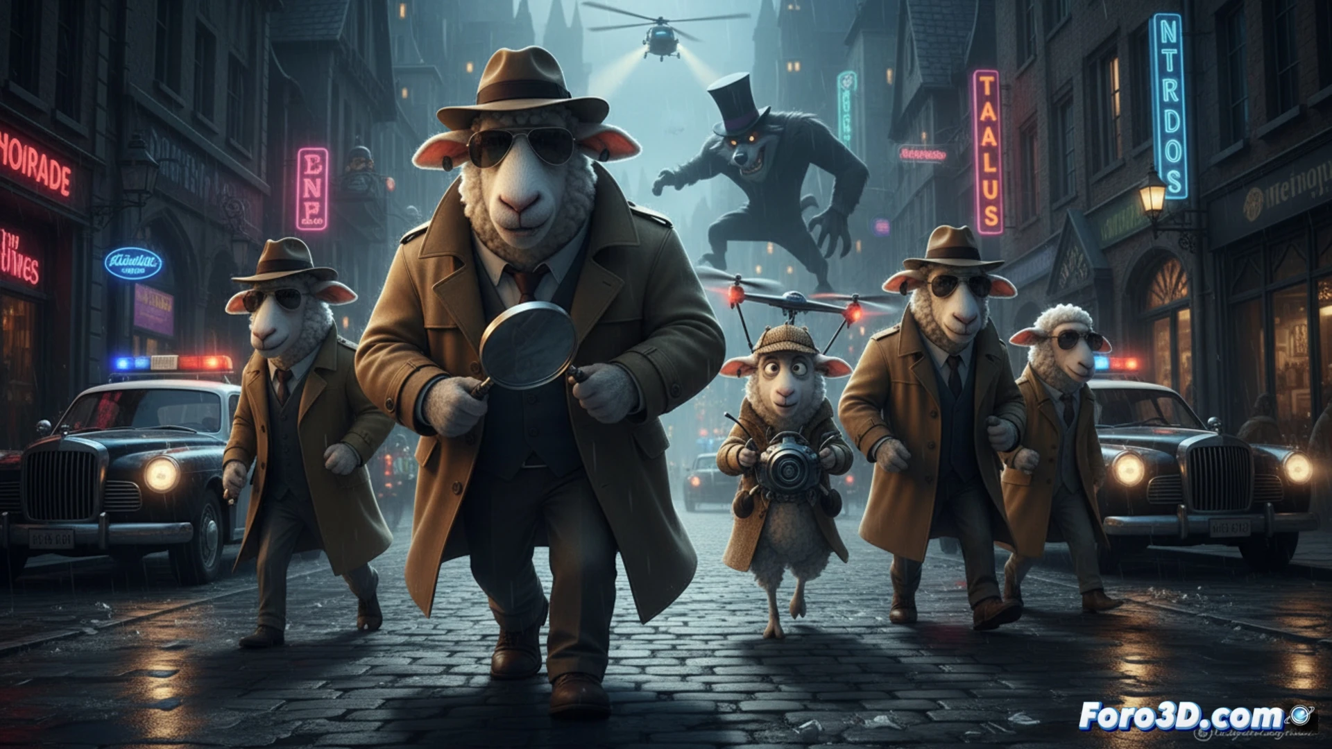 Una oveja detective animada y Hugh Jackman en acción real, en una escena de comedia policíaca colorida y caótica.