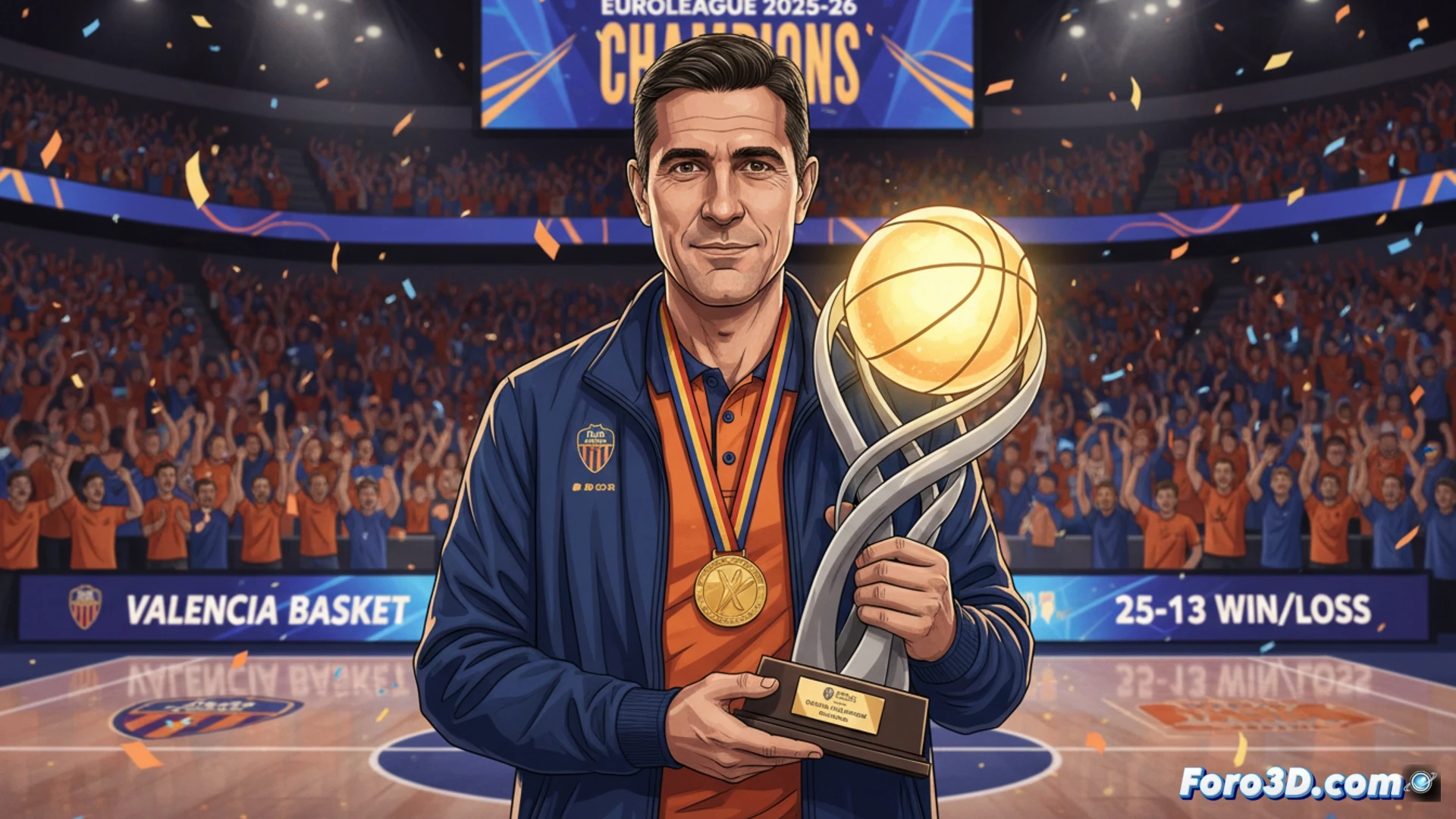 Pedro Martínez sostiene el trofeo Alexander Gomelskiy, sonriente, con el logo del Valencia Basket y la Euroliga de fondo.
