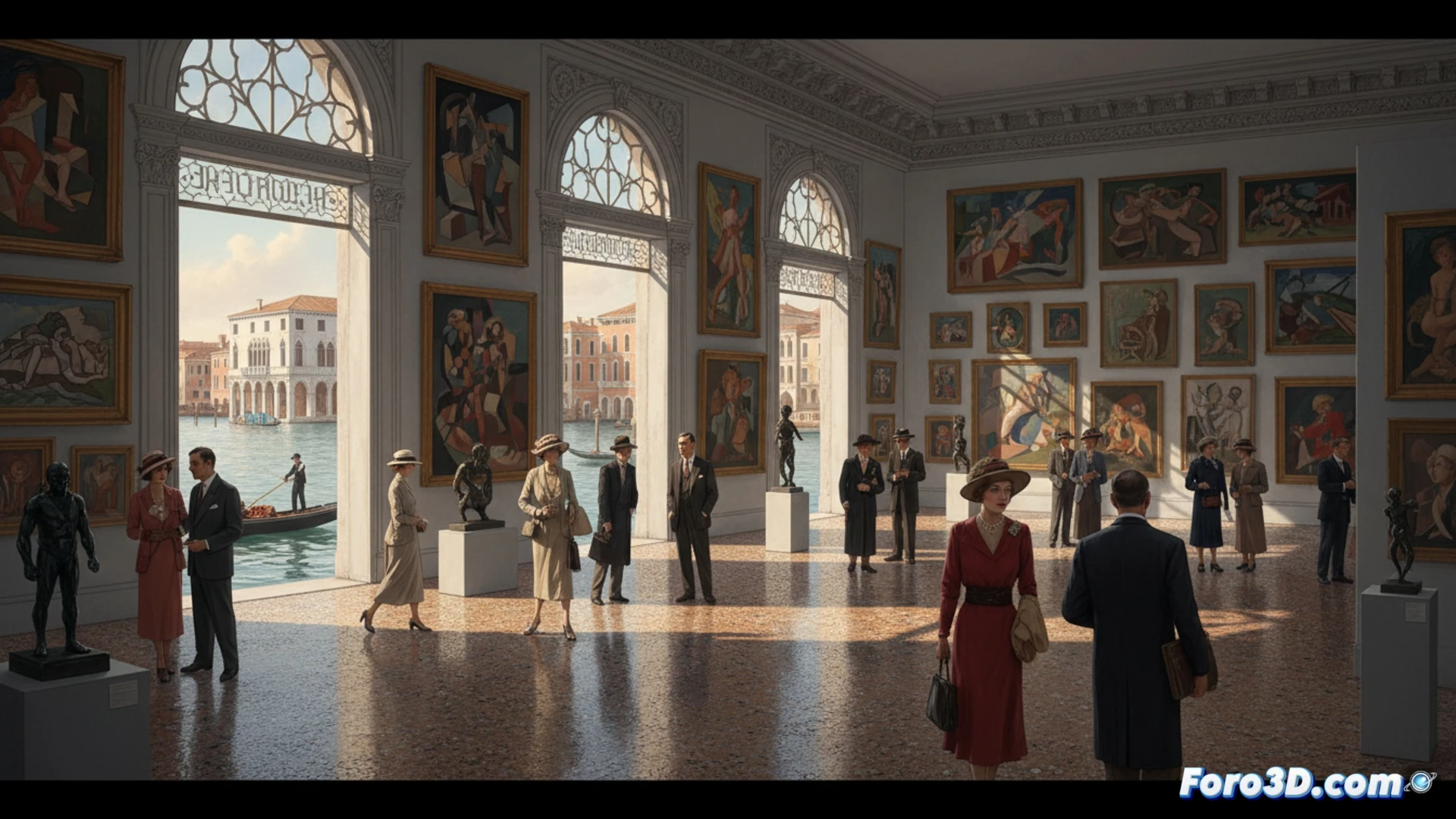 Una fotografía vintage de Peggy Guggenheim en su galería londinense, rodeada de obras de Kandinsky y Pollock, con luz tenue que evoca la vanguardia de los años 30 y 40.