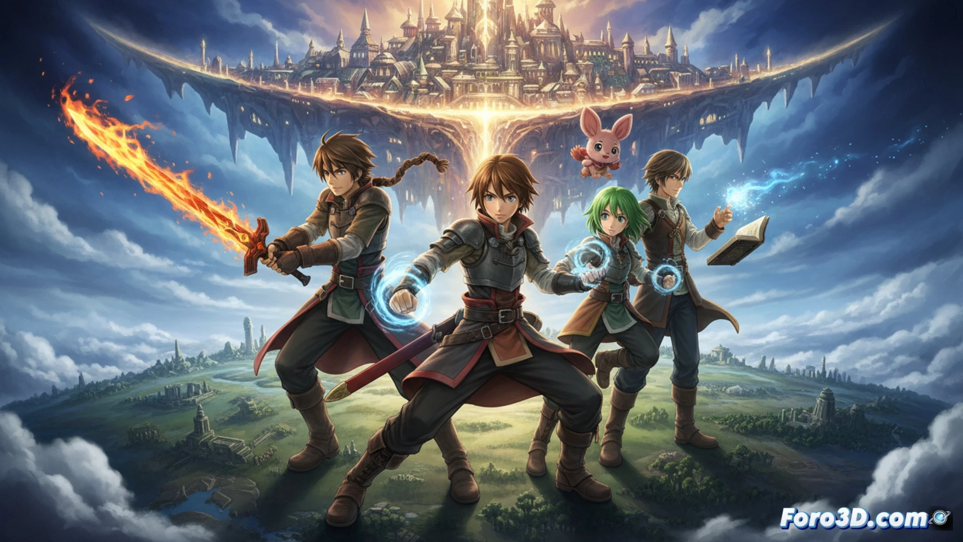 Descripción: Portada de Tales of Eternia remasterizada en Switch, con personajes anime y logo PEGI, sobre fondo de estilo clásico de rol.