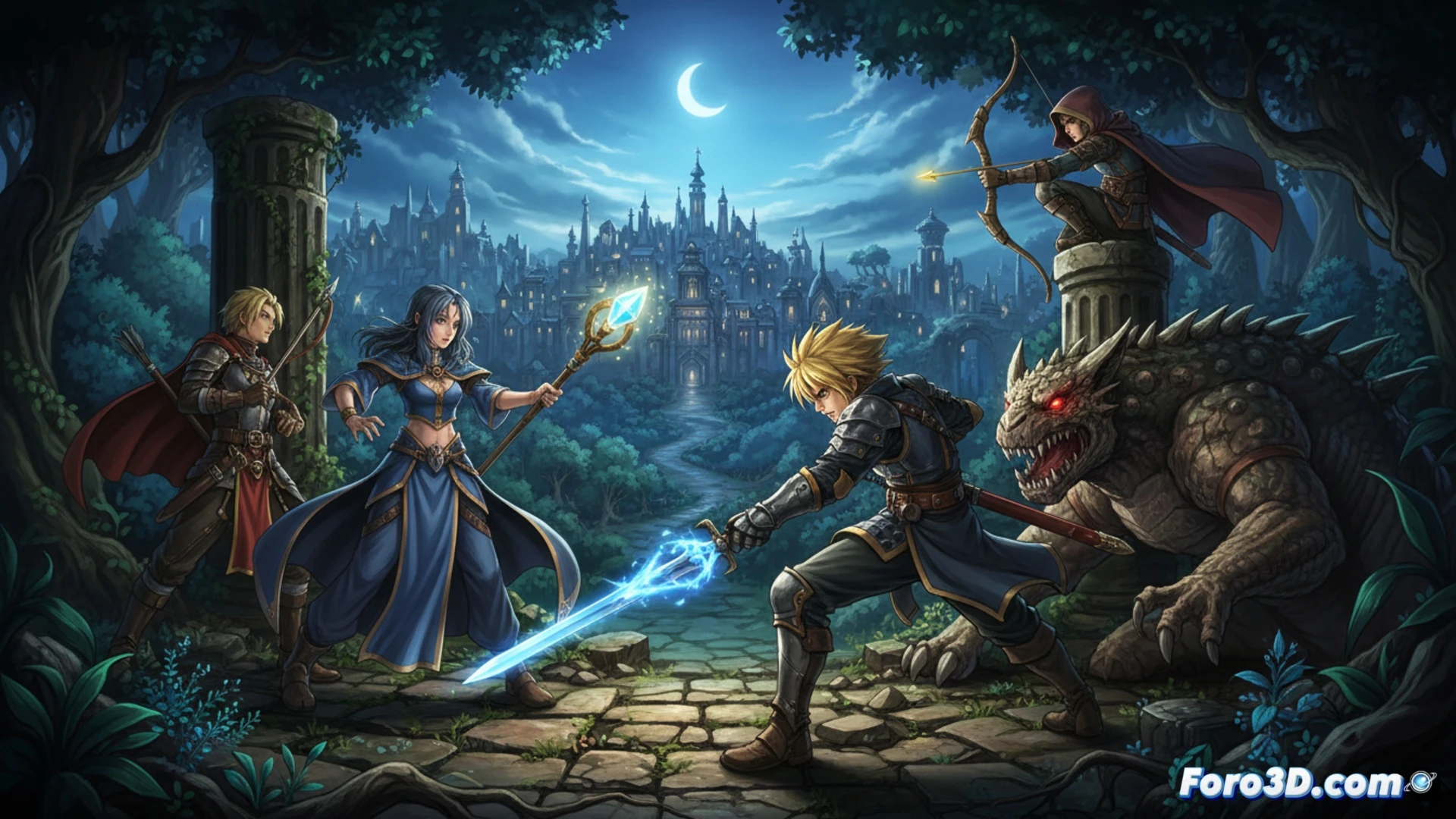 Un cartel PEGI con calificación 12 años, sobre fondo de ruinas mágicas y espadas cruzadas al estilo anime.