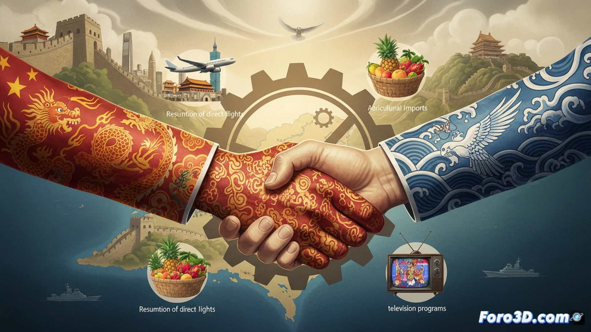 Dos mujeres estrechan manos sobre un mapa de China y Taiwán, con aviones y productos agrícolas de fondo.