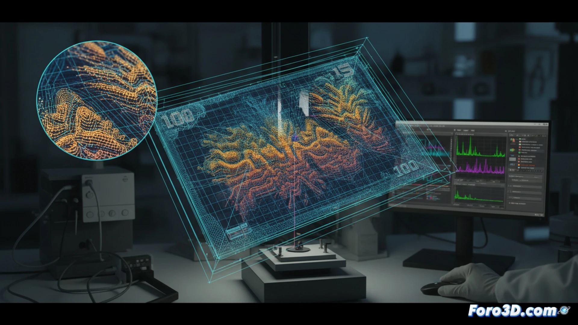 Imagen microscópica de billete falso mostrando relieve de resina 3D en lugar de intaglio metálico