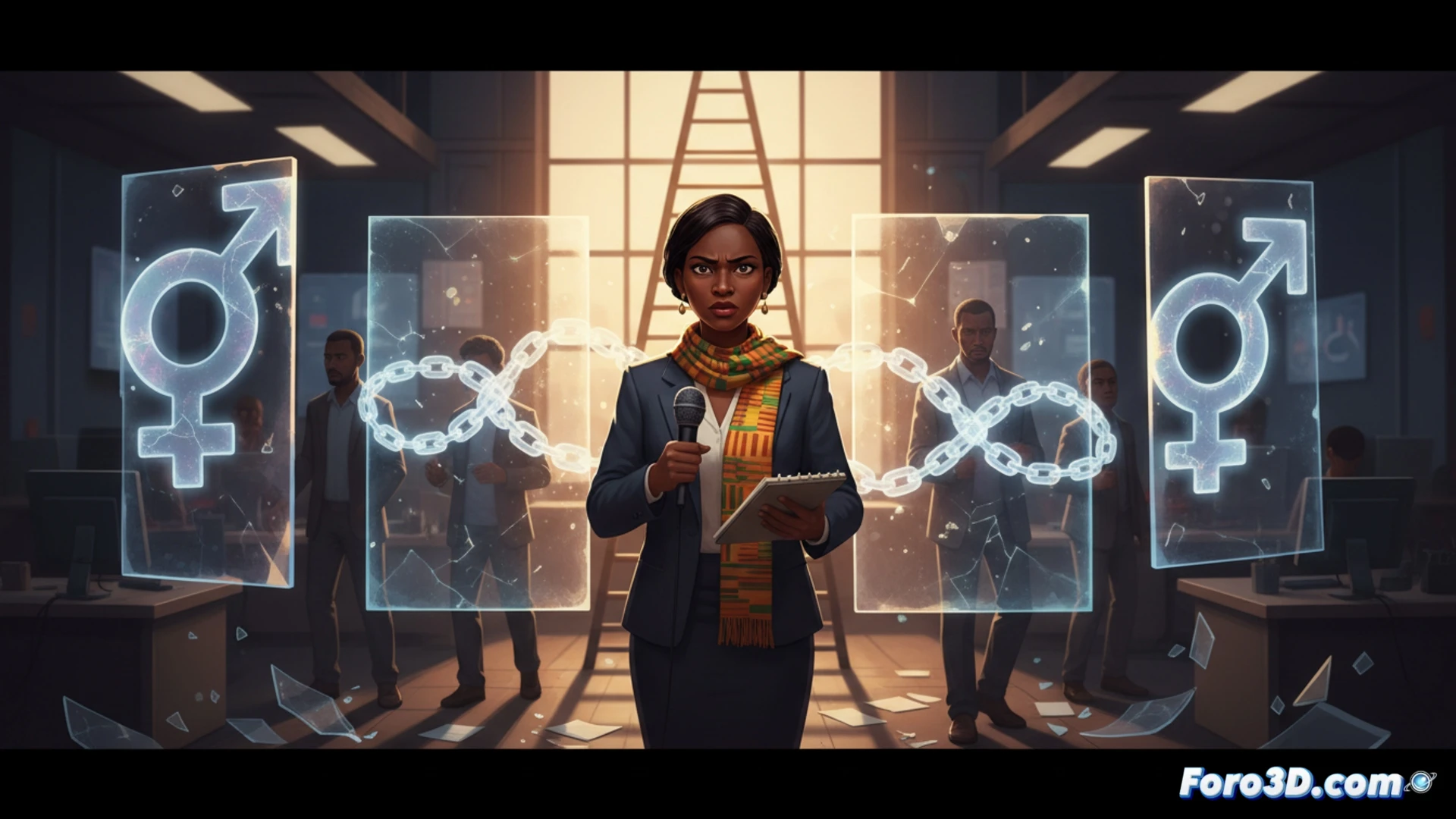 Una periodista ghanesa escribe en su escritorio, con fondo de redacción. Al fondo, hombres discuten junto a un cartel que dice 'secciones blandas'. Simboliza el techo de acero invisible que limita su avance.