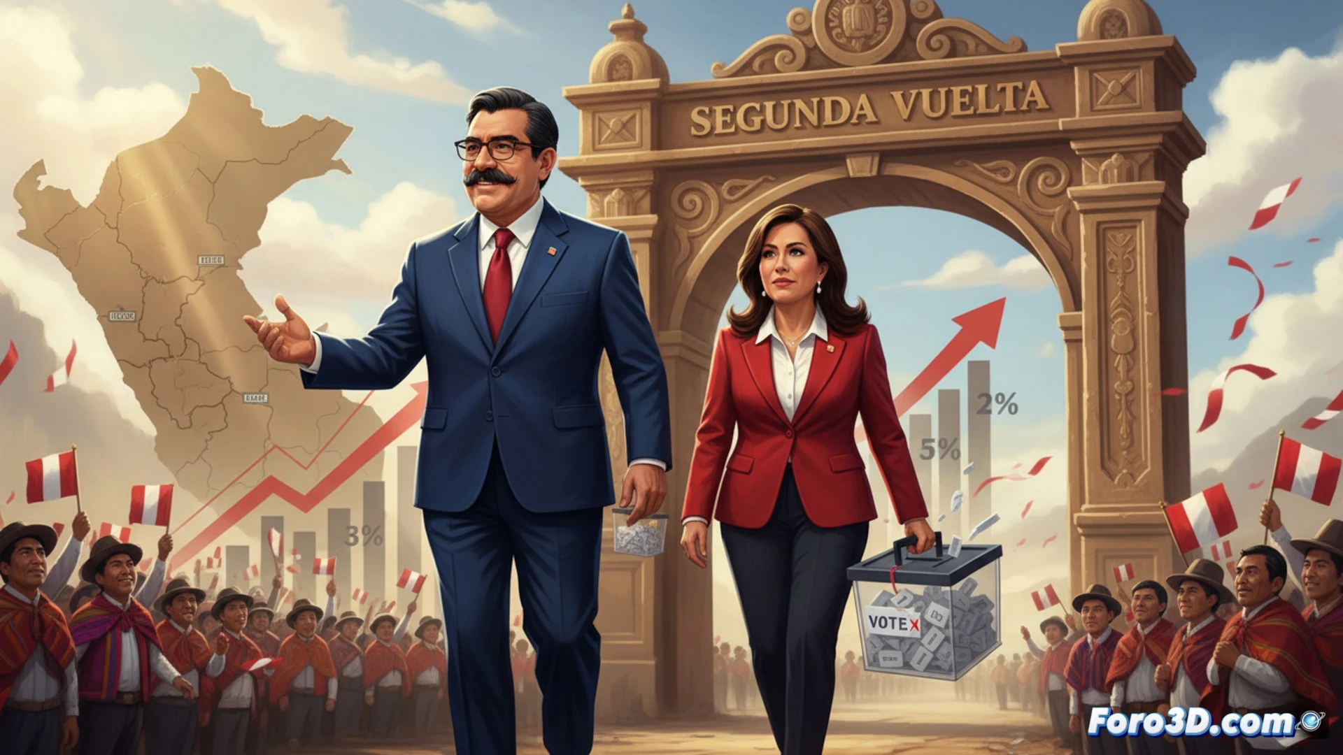 Dos candidatos en podios, bandera peruana de fondo, listos para el debate decisivo.