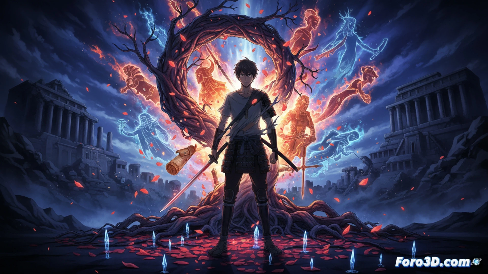 Un guerrero moderno, con ropa rasgada, lucha mientras su cuerpo se desintegra en pétalos, revelando la silueta fantasmagórica de un samurái legendario en su interior.