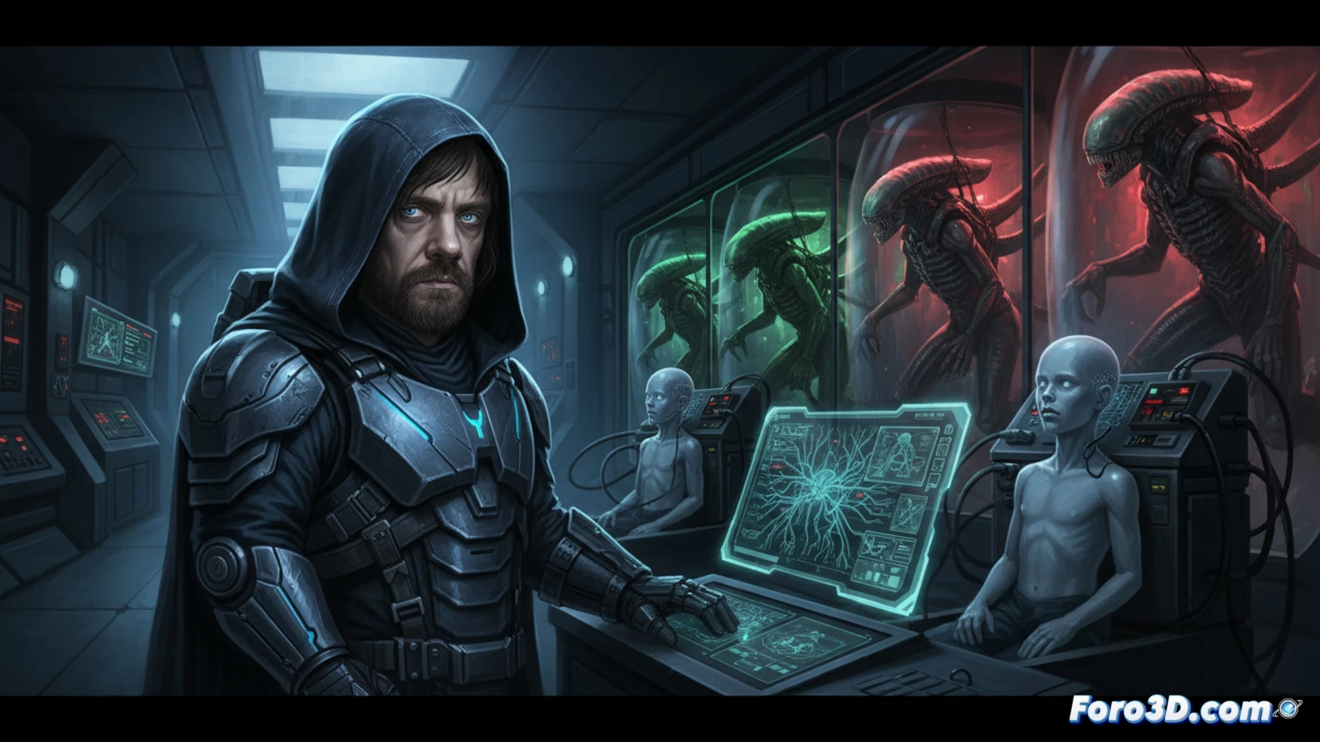 Peter Dinklage en un laboratorio futurista, observando cuerpos sintéticos con niños en crioestasis de fondo.