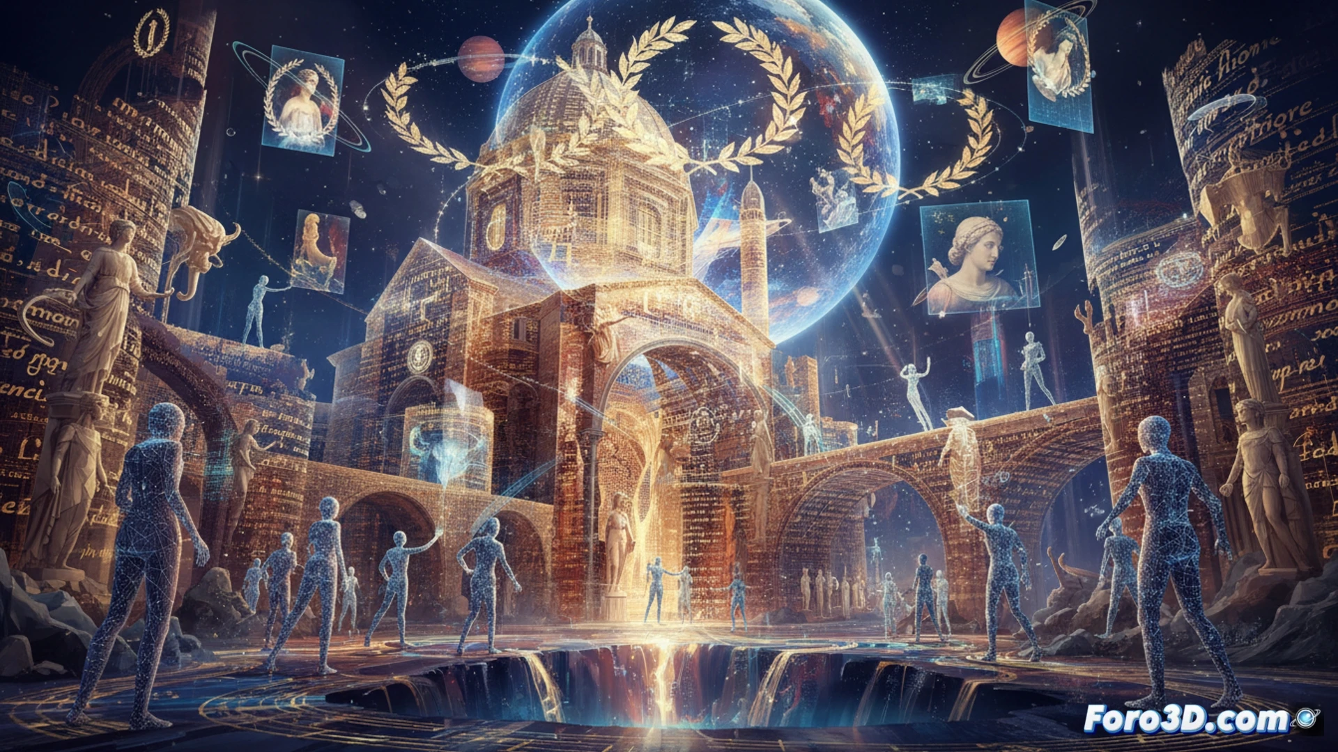 Un avatar humanoide de Laura, translucido y formado por versos en movimiento, se alza en un paisaje 3D abstracto de montanas geometricas y un sol de particulas.