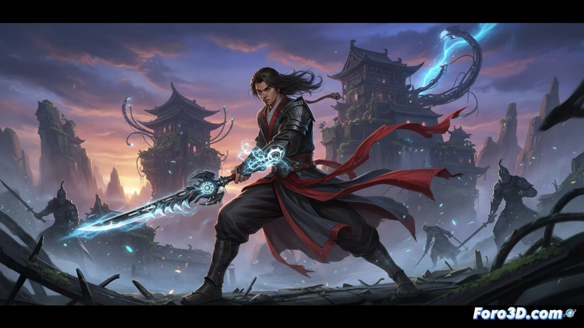 Un asesino envenenado se mueve con urgencia por un paisaje wuxia oscuro y lluvioso, su espada lista para el combate.