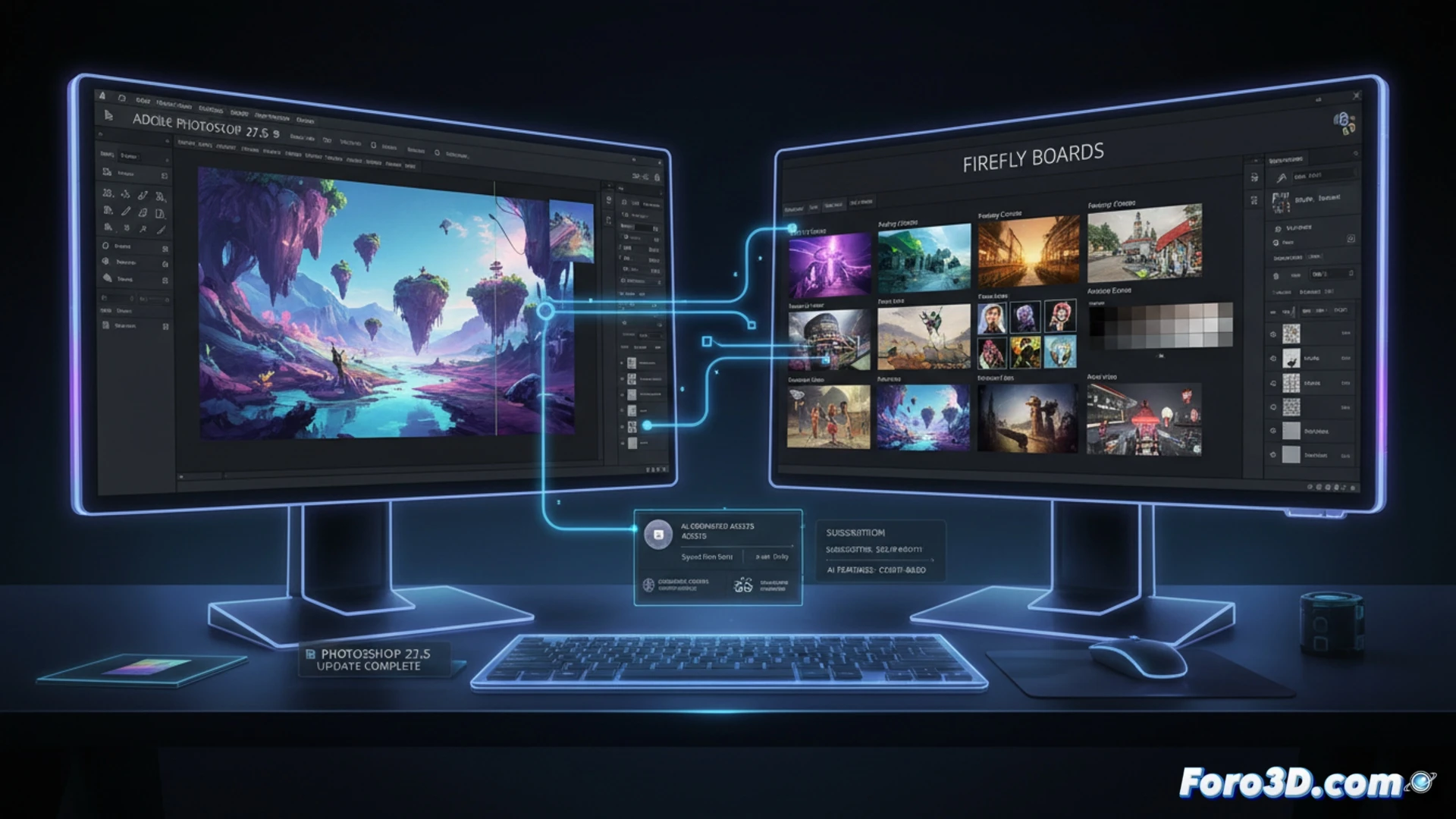 Una ventana de Photoshop muestra un lienzo junto a un panel de Firefly Boards con imágenes generadas por IA, conectados por un flujo visual fluido.
