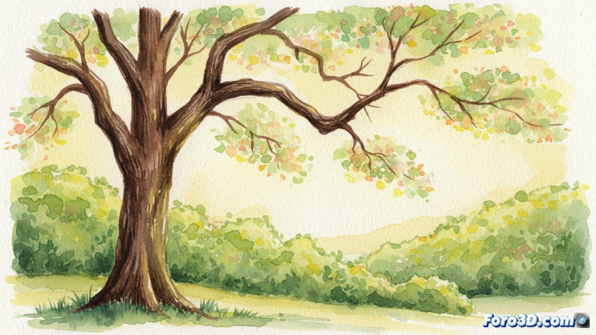 Pincel seco sobre papel rugoso crea follaje primaveral difuso y unificado, donde ramas y hojas parecen un solo cuerpo bañado por luz.