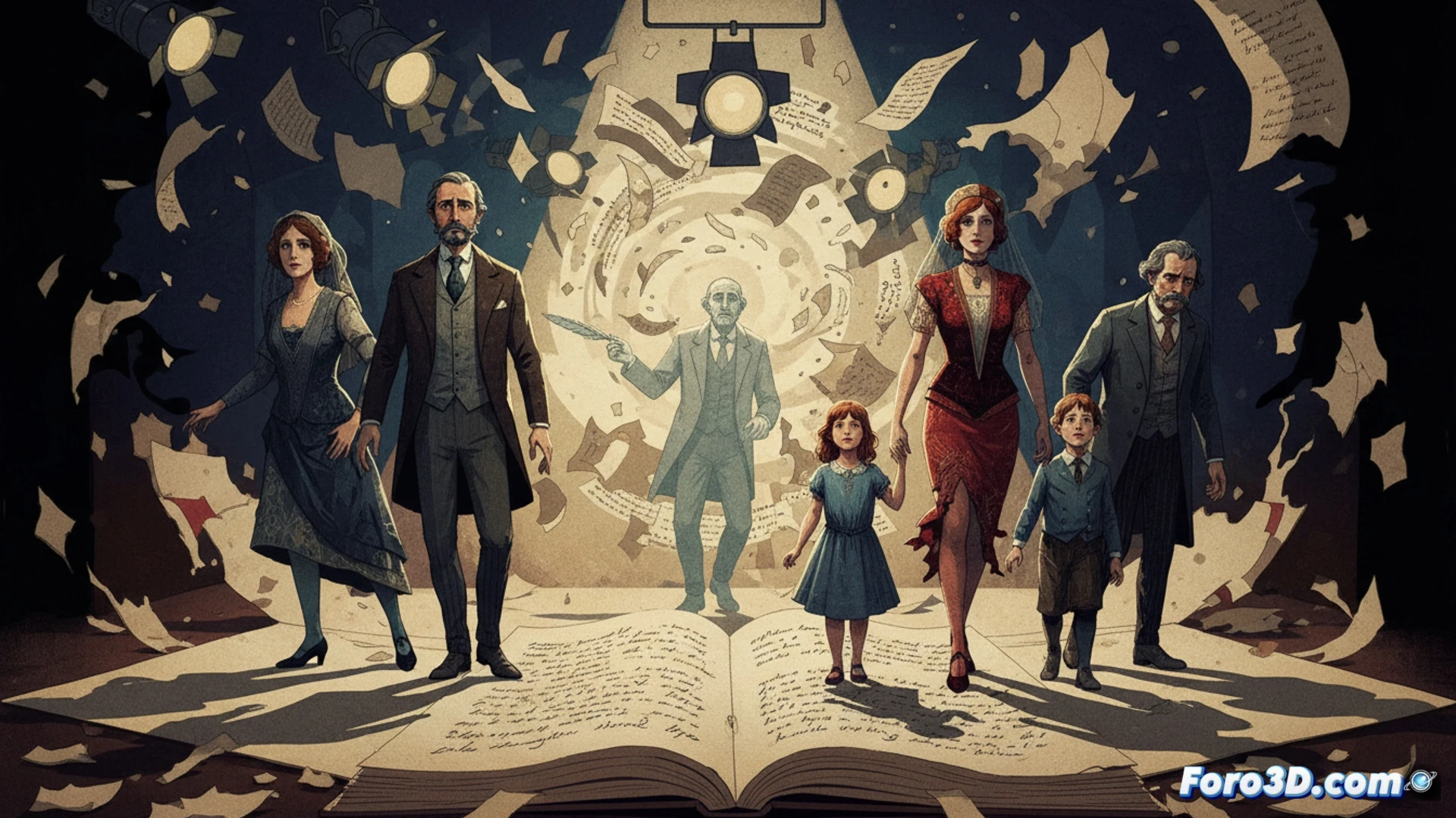 Un escenario teatral donde seis figuras etéreas, de trazos literarios, confrontan a actores de carne y hueso, desdibujando los límites entre la realidad y la ficción.