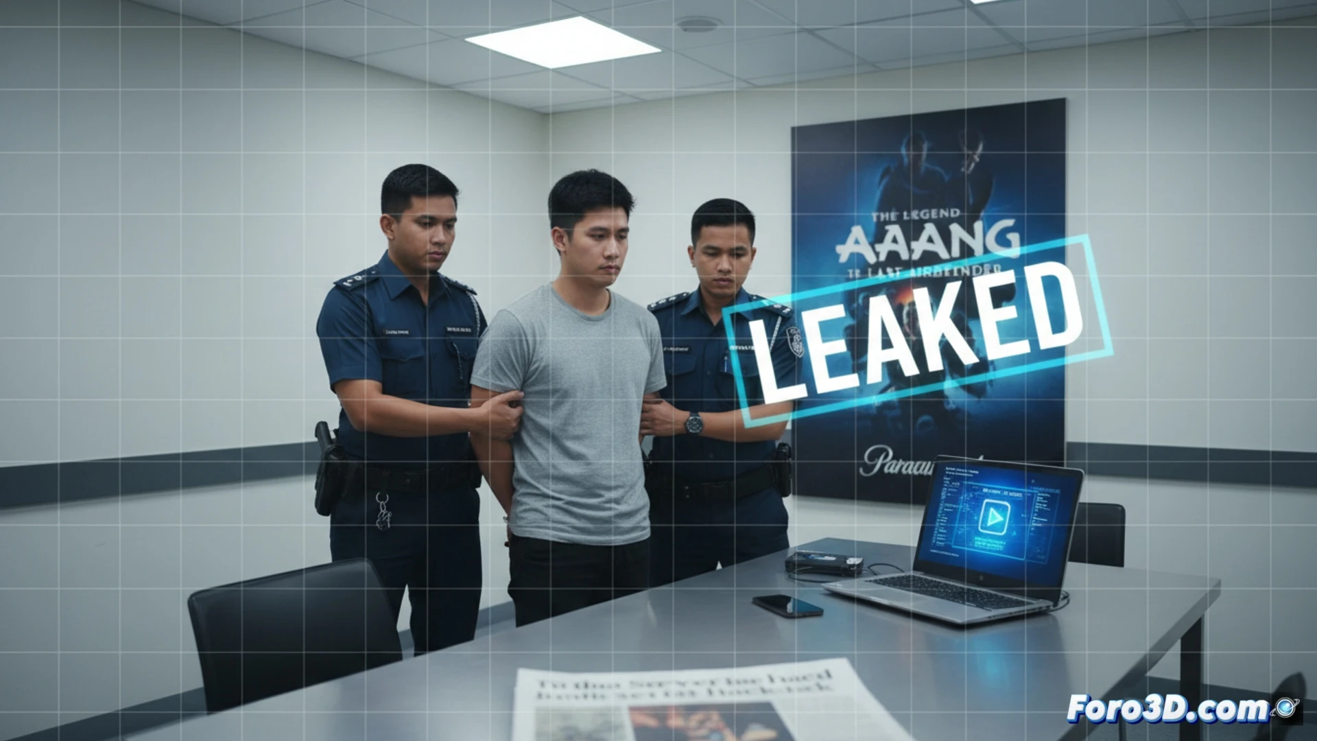 Joven pirata informático esposado, pantalla con escena de The Last Airbender, policía de Singapur al fondo.