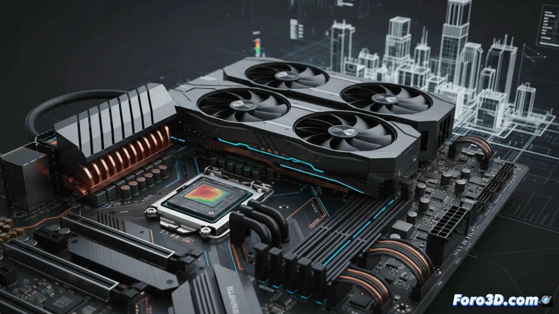 Placa base con disipadores VRM y conectores PCIe 5.0 para estaciones de trabajo 3D y renderizado profesional