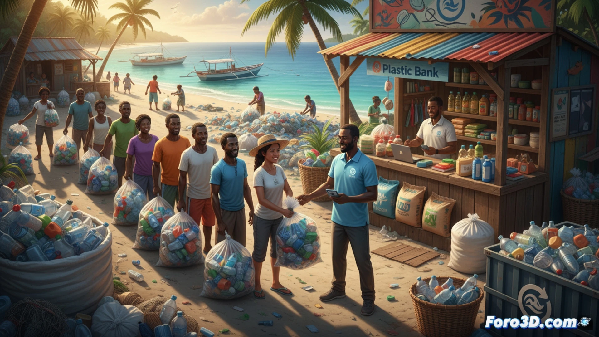 Una persona canjea botellas plásticas por créditos en un punto de recogida costero del Caribe.