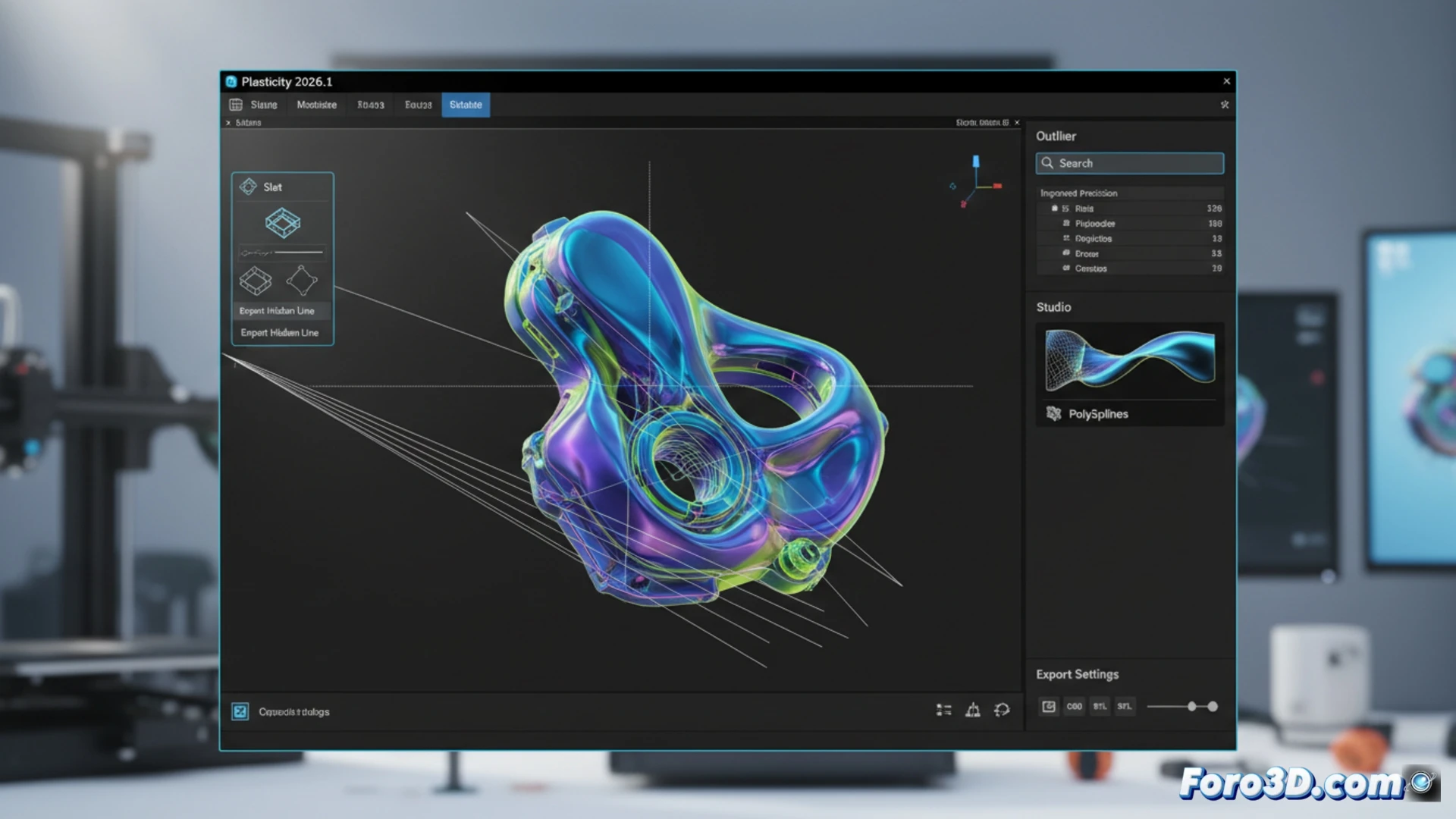 Plasticity 2026.1 muestra su interfaz con herramientas de dibujo técnico y conversión de mallas a superficies NURBS limpias.