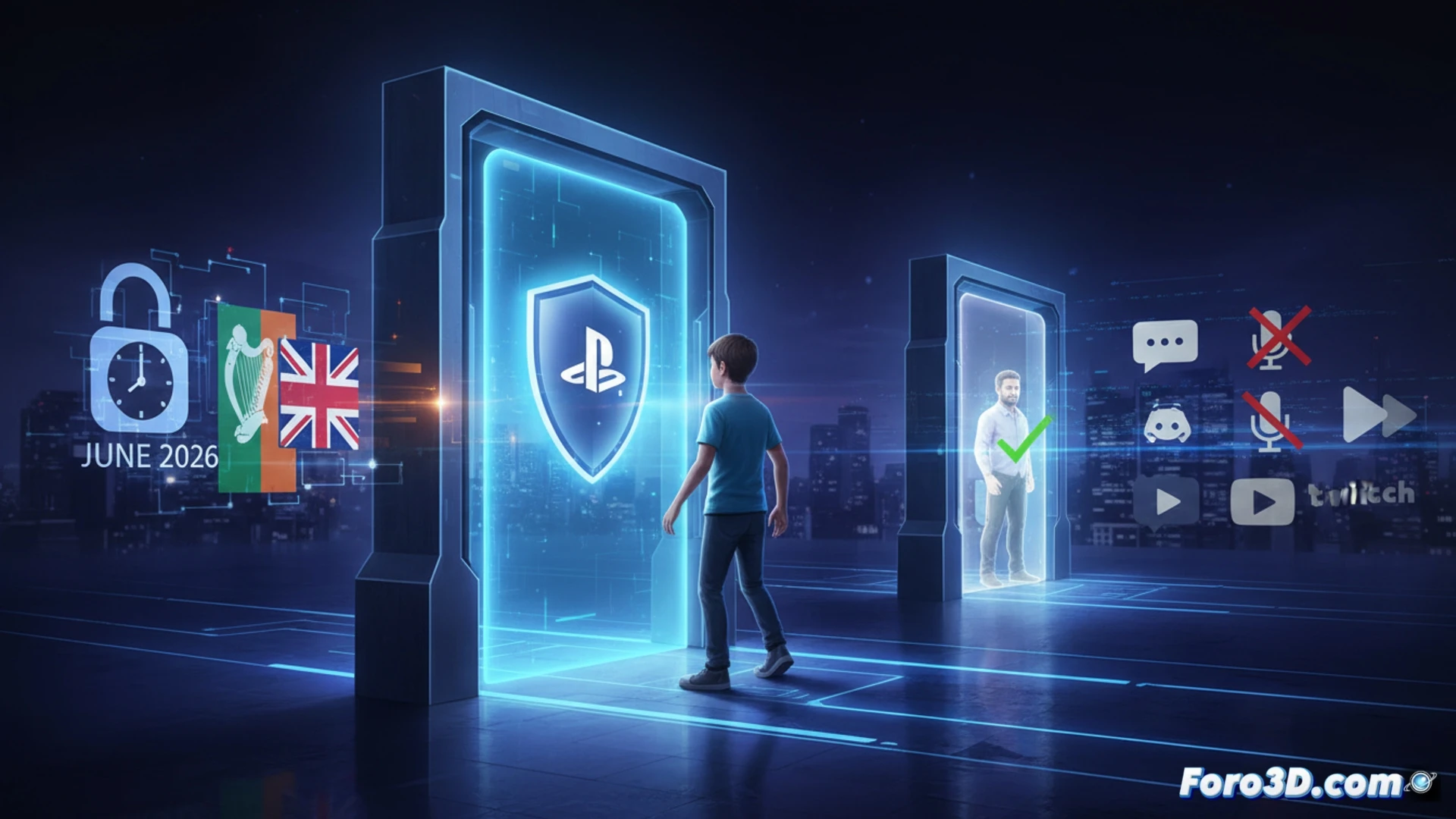 Un usuario de PlayStation verifica su edad con DNI en Reino Unido, mientras iconos de chat y redes sociales se bloquean.