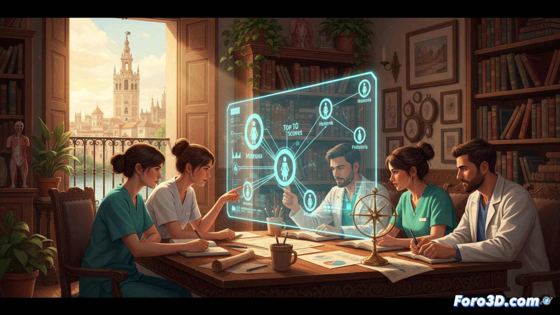 Un grupo de diez profesionales de enfermería con batas blancas elige entre dos grandes carteles de matrona y pediatría, mientras otros especialistas observan al fondo.