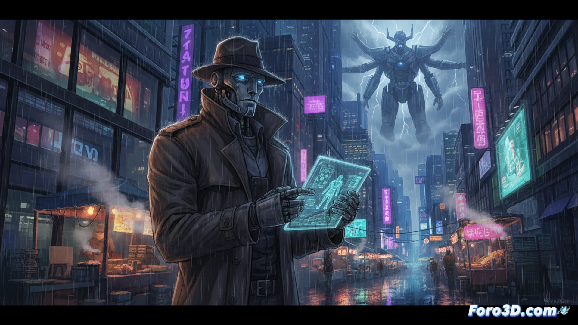 Un robot detective en un mundo futurista, reflexionando sobre la conciencia y la violencia.