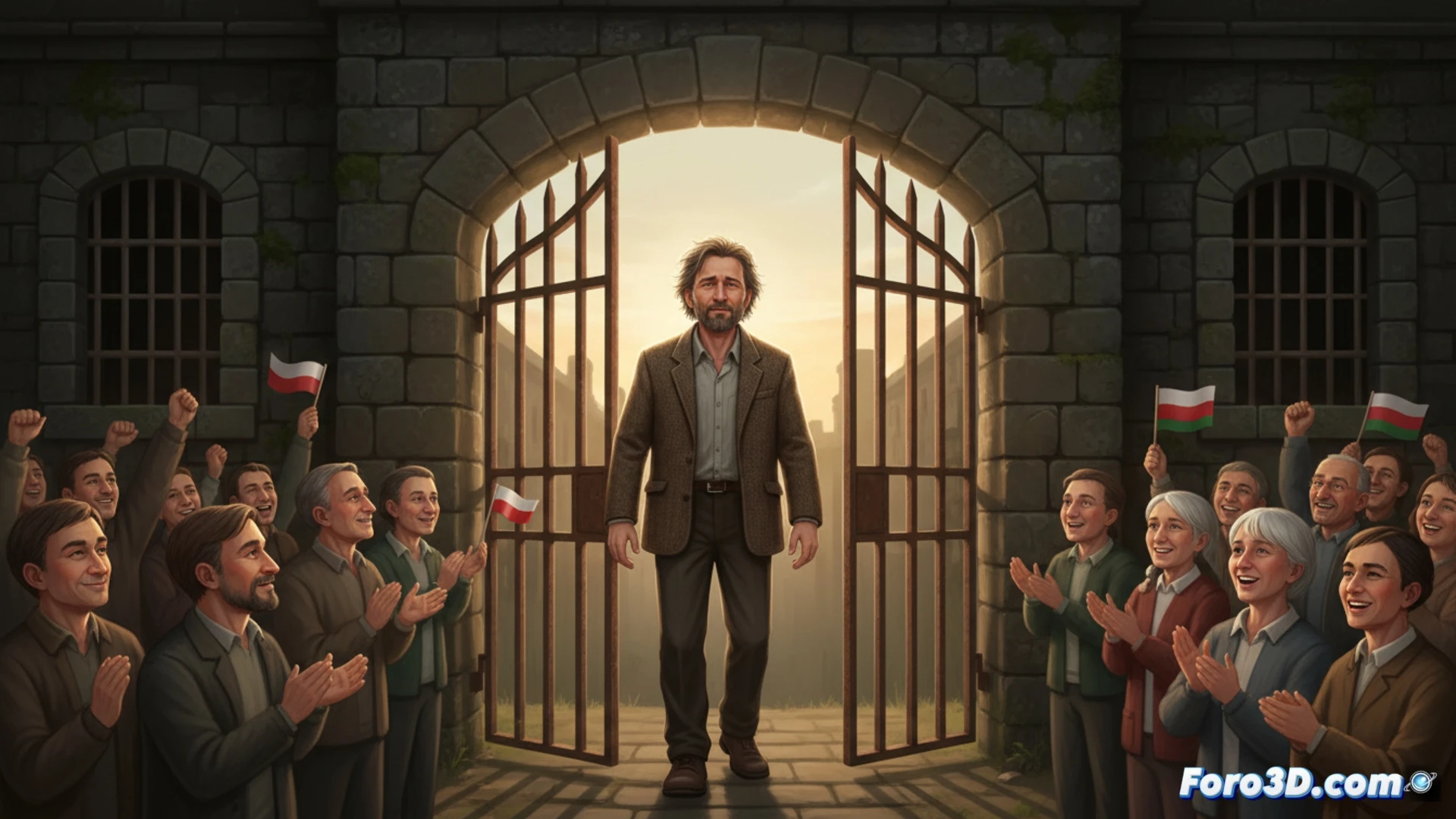 Andrzej Poczobut, sonriente, sale de prisión en Bielorrusia, rodeado de familiares y activistas, bajo un cielo gris.