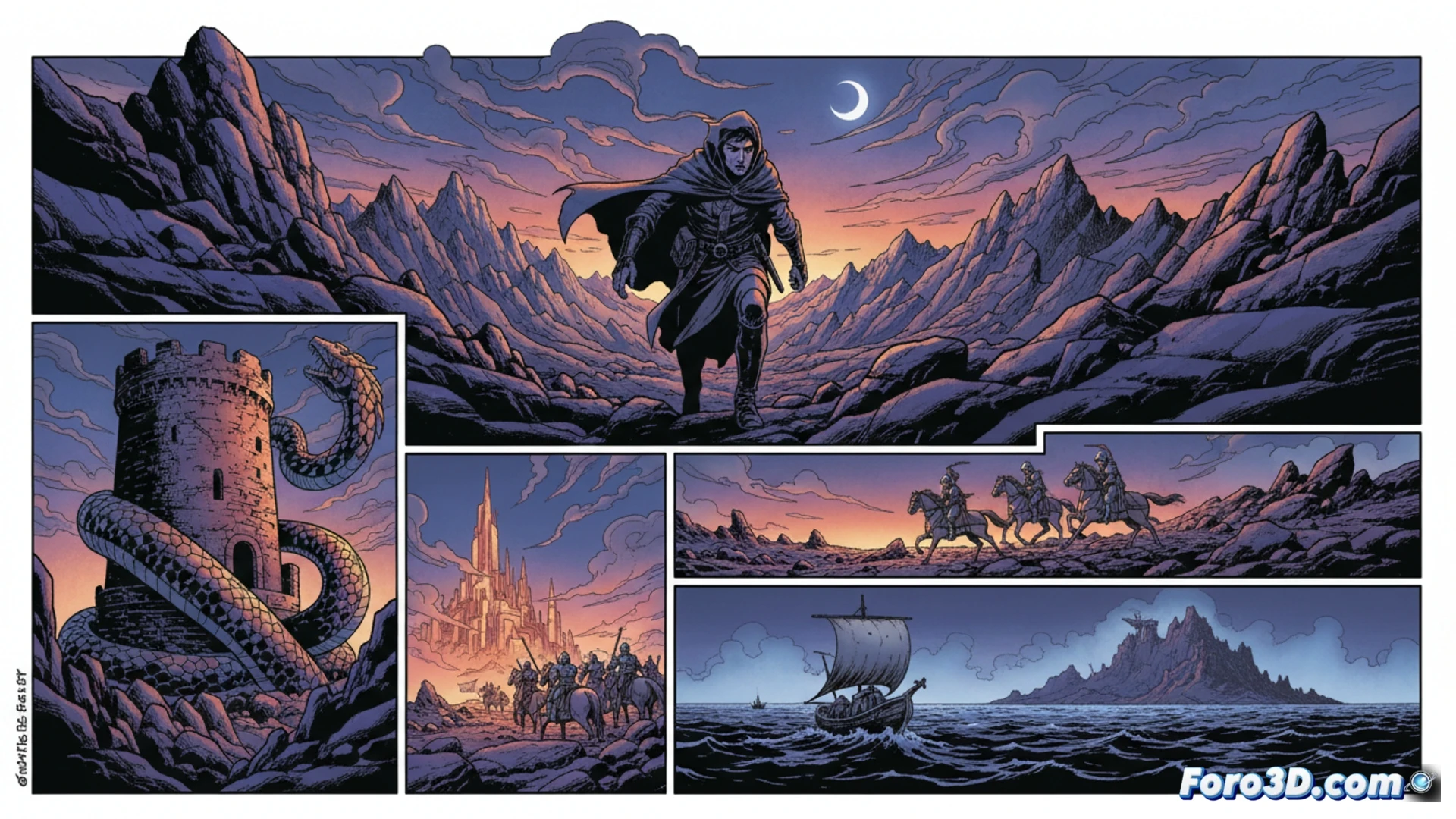 Ilustración en viñetas de tono onírico que fusiona poesía y cómic, basada en la obra de Buzzati.