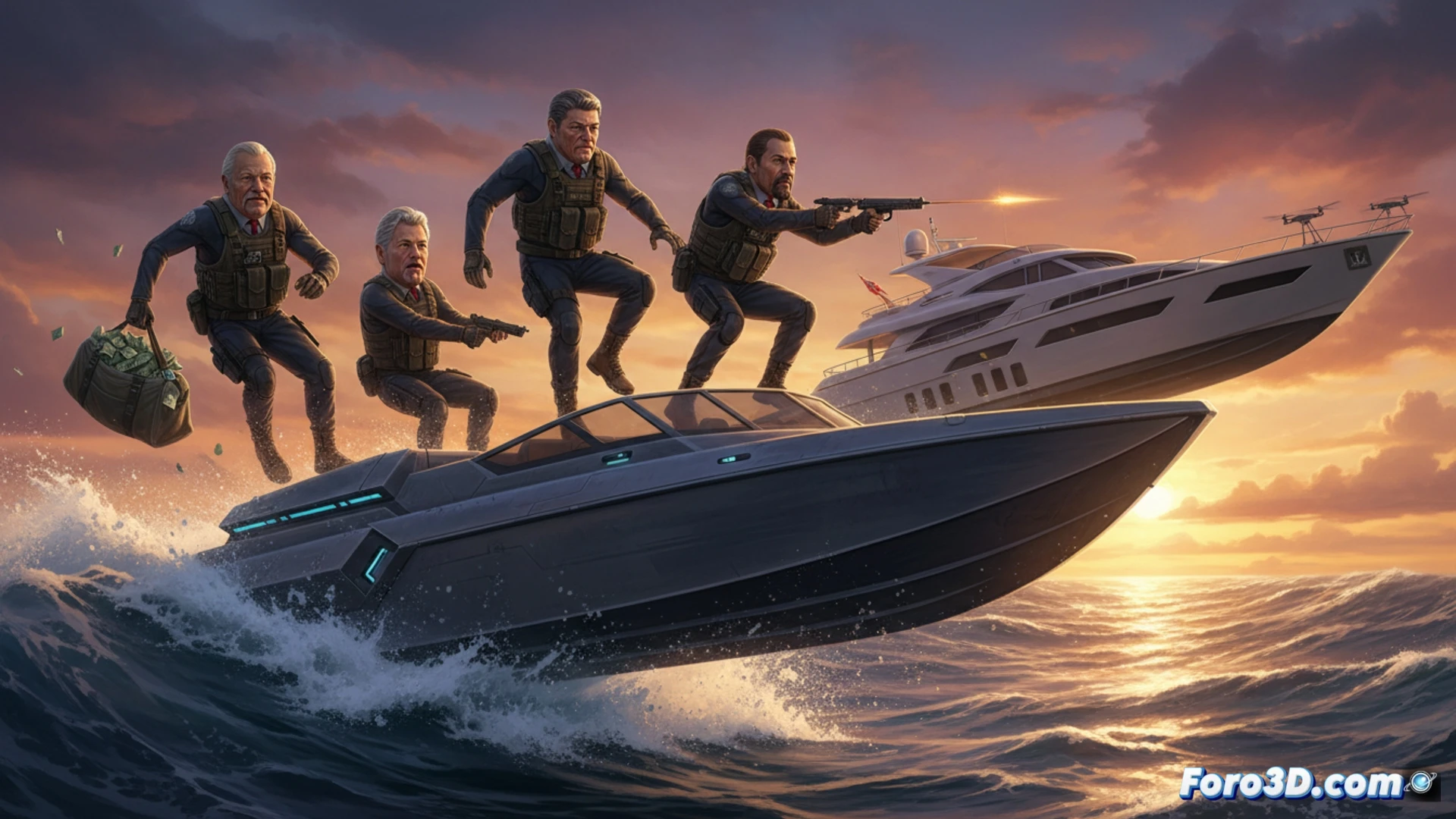 Un atardecer sobre el océano, surfistas enmascarados con máscaras de presidentes, un helicóptero sobre la ola.