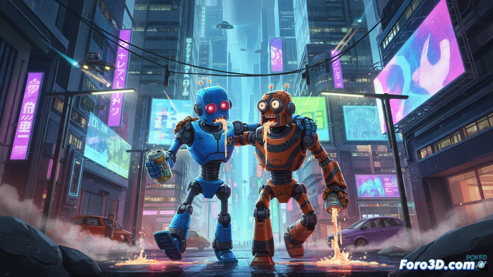 Un robot ebrio baila entre luces neón en Neo-Tokio, su amigo lo sostiene mientras un caos callejero estalla al fondo.