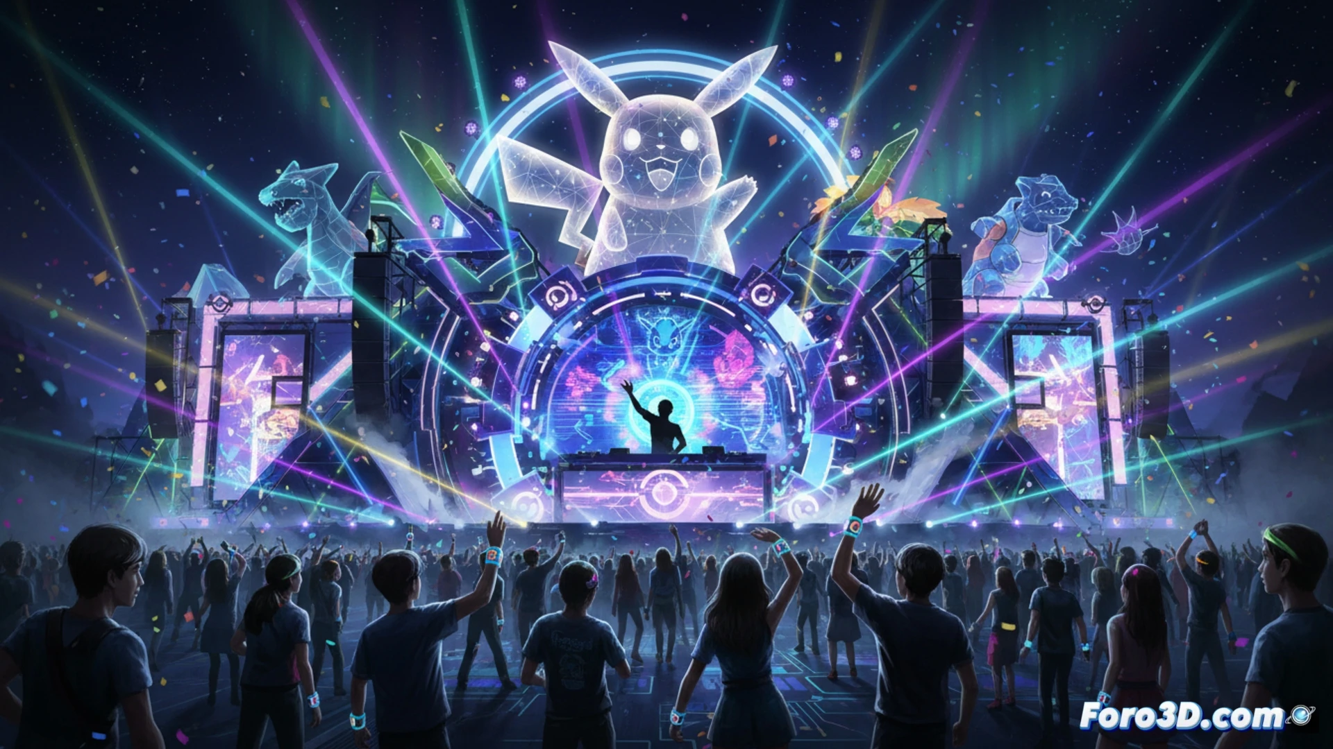 Un DJ en un escenario futurista con proyecciones de Pokémon bailando, rodeado de adultos fans en una discoteca inmersiva.