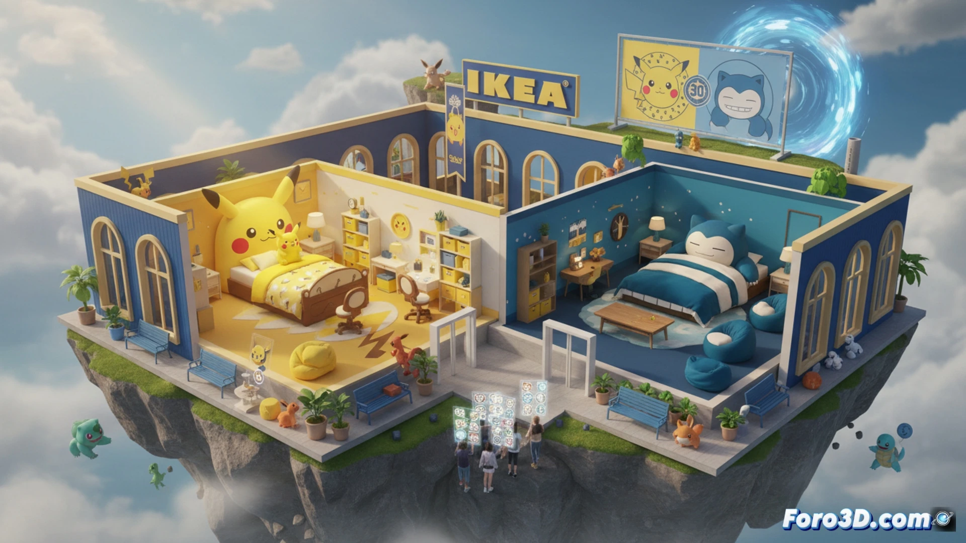 Vista aerea de una isla con edificios IKEA y personajes Pokemon en un colorido sandbox.