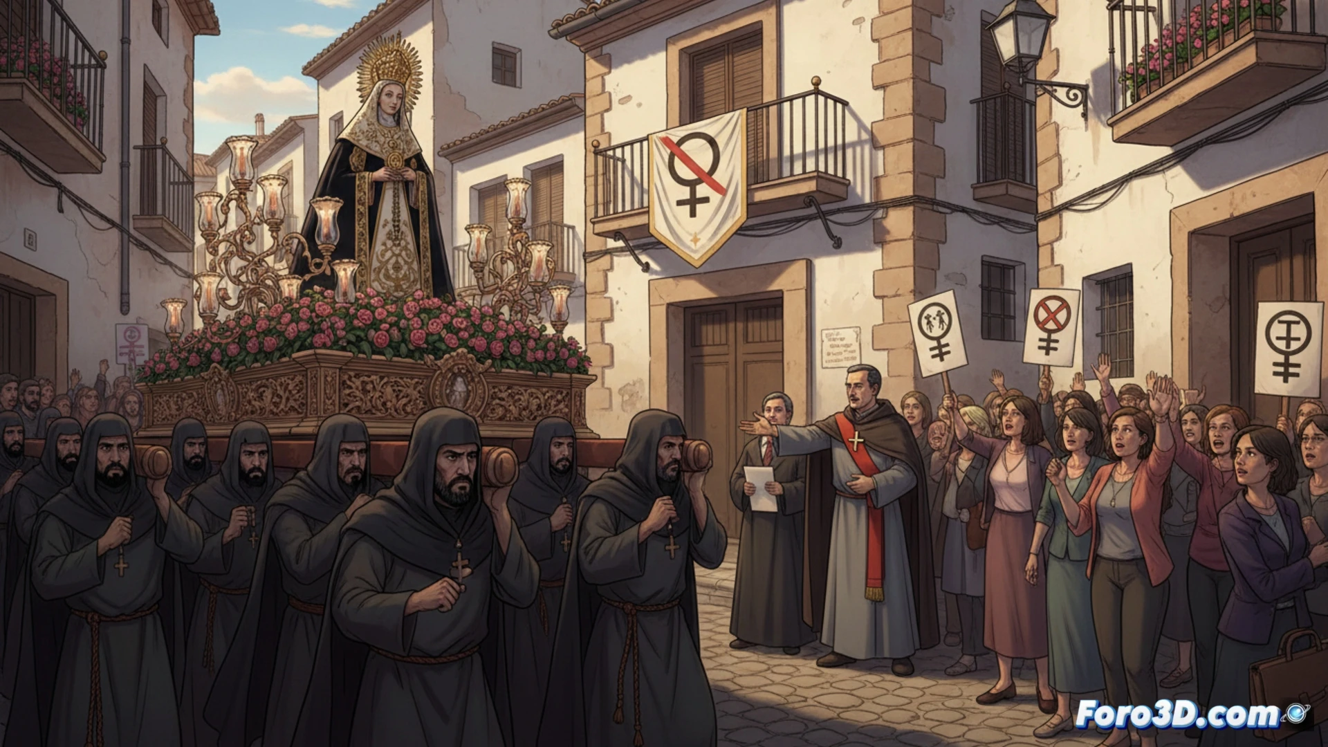 Una procesión nocturna en Sagunto, con hombres cargando un paso, mientras mujeres observan desde la acera, separadas por una cuerda.