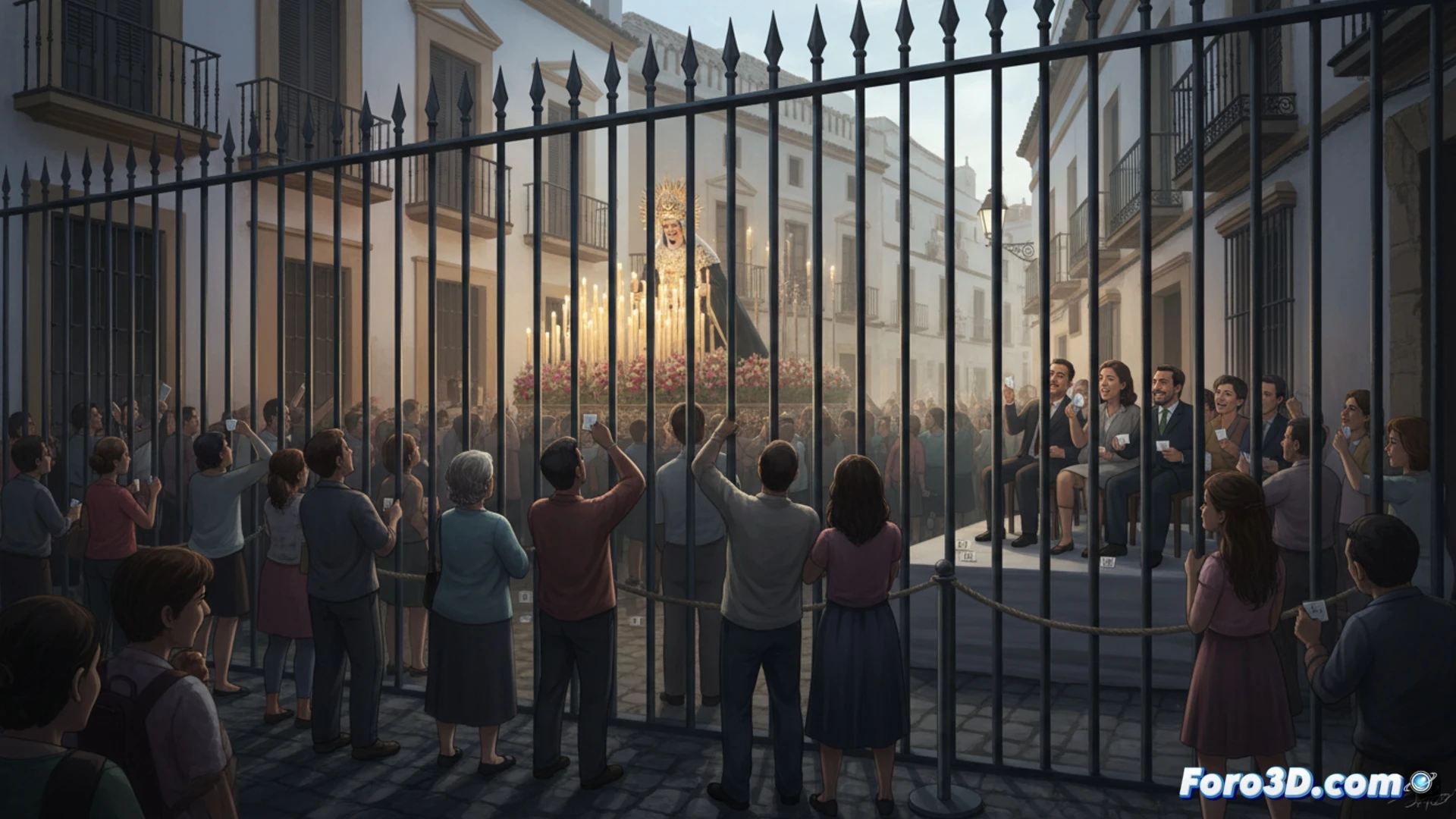 Vallas altas en procesión, tras ellas asientos de pago. Al fondo, fieles en la calle con la vista obstruida, reflejando la polémica por la privatización del espacio público.