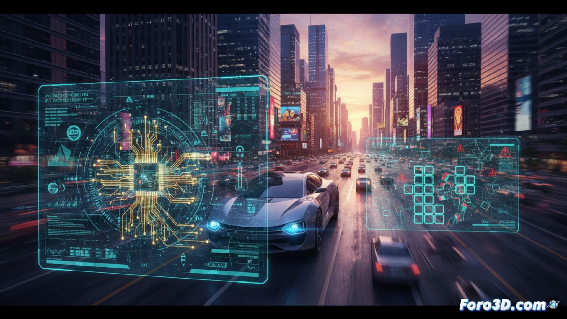 Un coche autonomo en una carretera y un bloque del Tetris, representando la complejidad de las reglas para la IA.