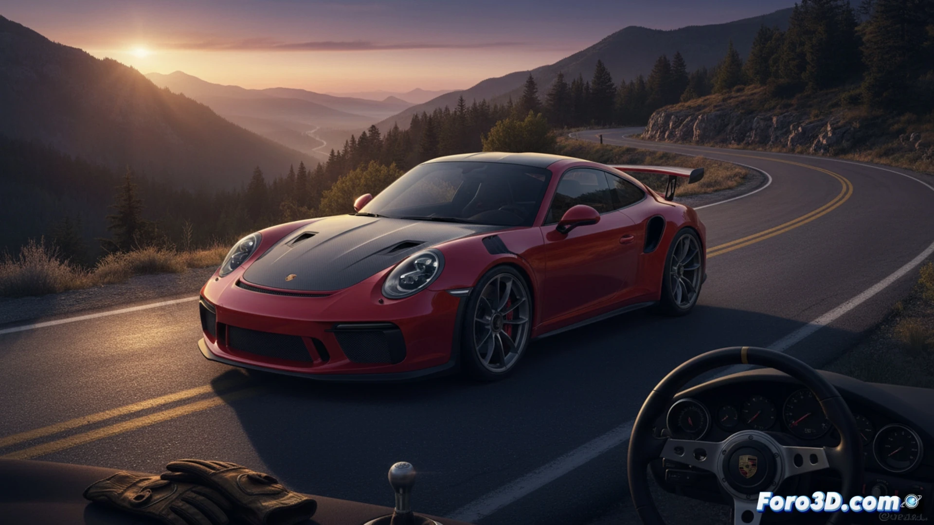 Un Porsche 911 GT3 S/C, ágil y puro, en una carretera de montaña al amanecer. Su exclusividad se refleja en su precio.