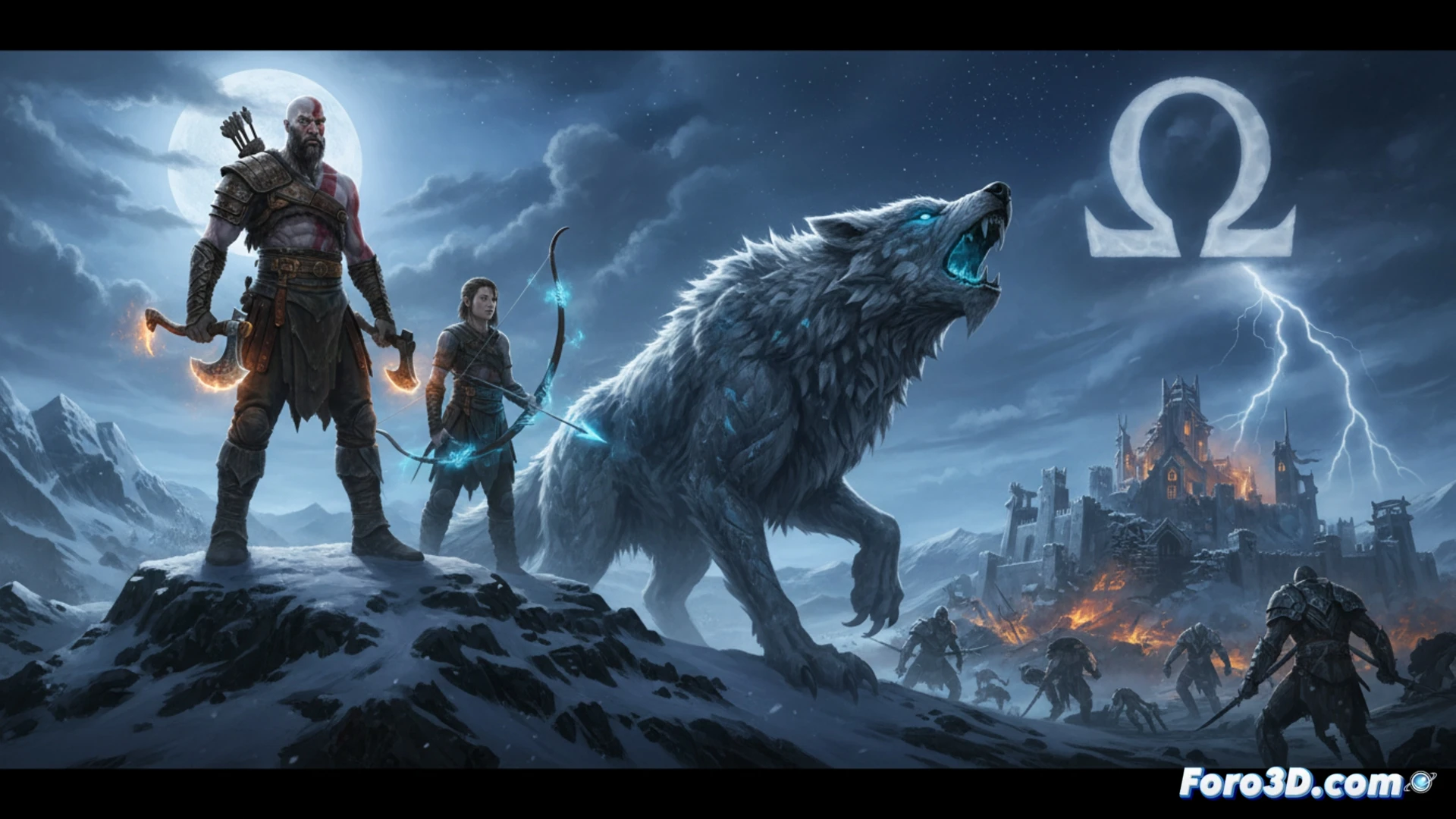 Kratos contempla un nuevo y misterioso paisaje, con su hacha Leviathan en la espalda, bajo un cielo tormentoso de abril.