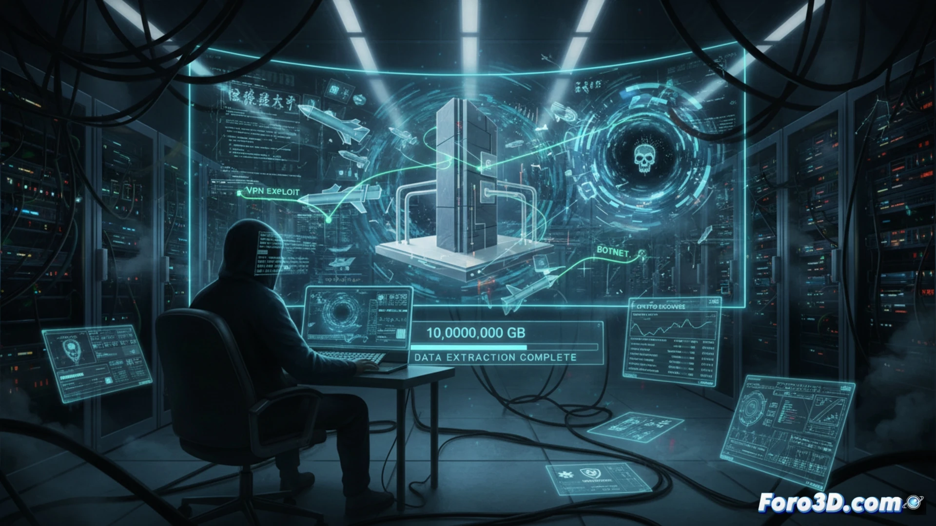 Un hacker en las sombras frente a un superordenador, con petabytes de datos clasificados fluyendo hacia un canal de Telegram.